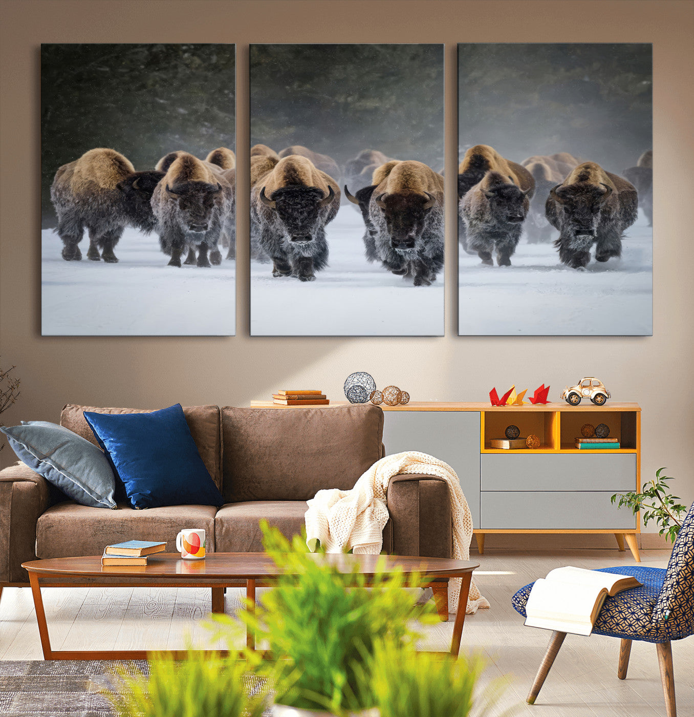 41669135-MGV-CV-36X24-Bison Herd Scene Wall Art Canvas Print, Framed Rustic Wildlife Decor Art Picture Print, Snowy Bison Landscape Perfect Rustic