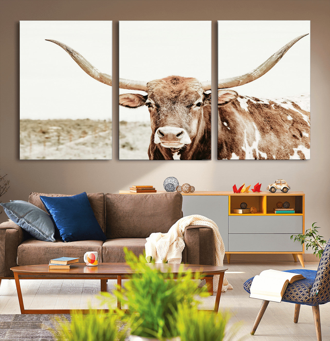 98924580-MGV-CV-36X24-Texas Longhorn Bull Wall Art Canvas Print, Framed Rustic Farmhouse Decor Art Picture Print, Western Animal Theme Perfect Rustic