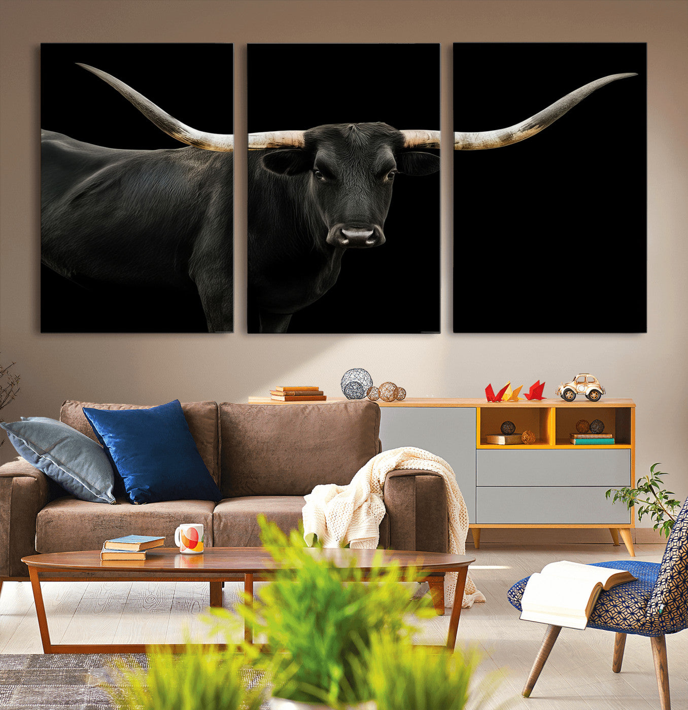 23572907-MGV-CV-36X24-Texas Longhorn Wall Art Canvas Print, Framed Rustic Western Decor Art Picture Print, Farmhouse Animal Perfect Modern Western
