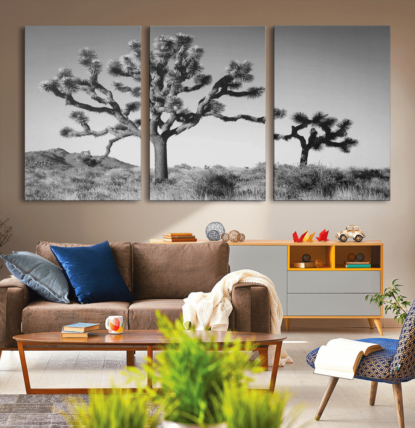93692513-MGV-CV-36X24-Joshua Tree Wall Art Canvas Print, Framed Monochrome Desert Art Picture Print, Minimalist Nature Scene Perfect Southwestern