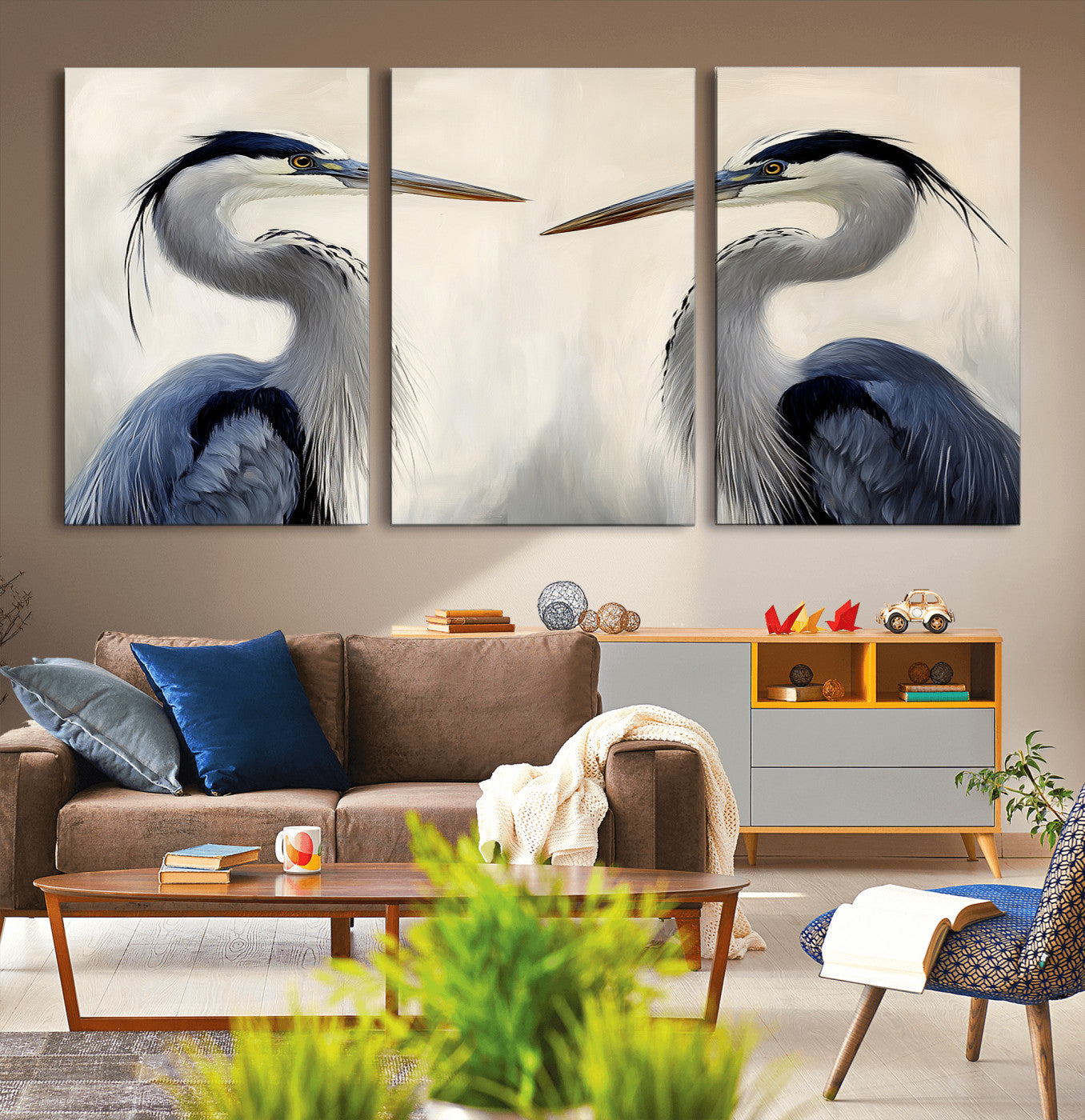 18230556-MGV-CV-36X24-Blue Heron Pair Wall Art Canvas Print, Framed Coastal Bird Theme Art Picture Print, Tranquil Wildlife Scene Perfect Coastal