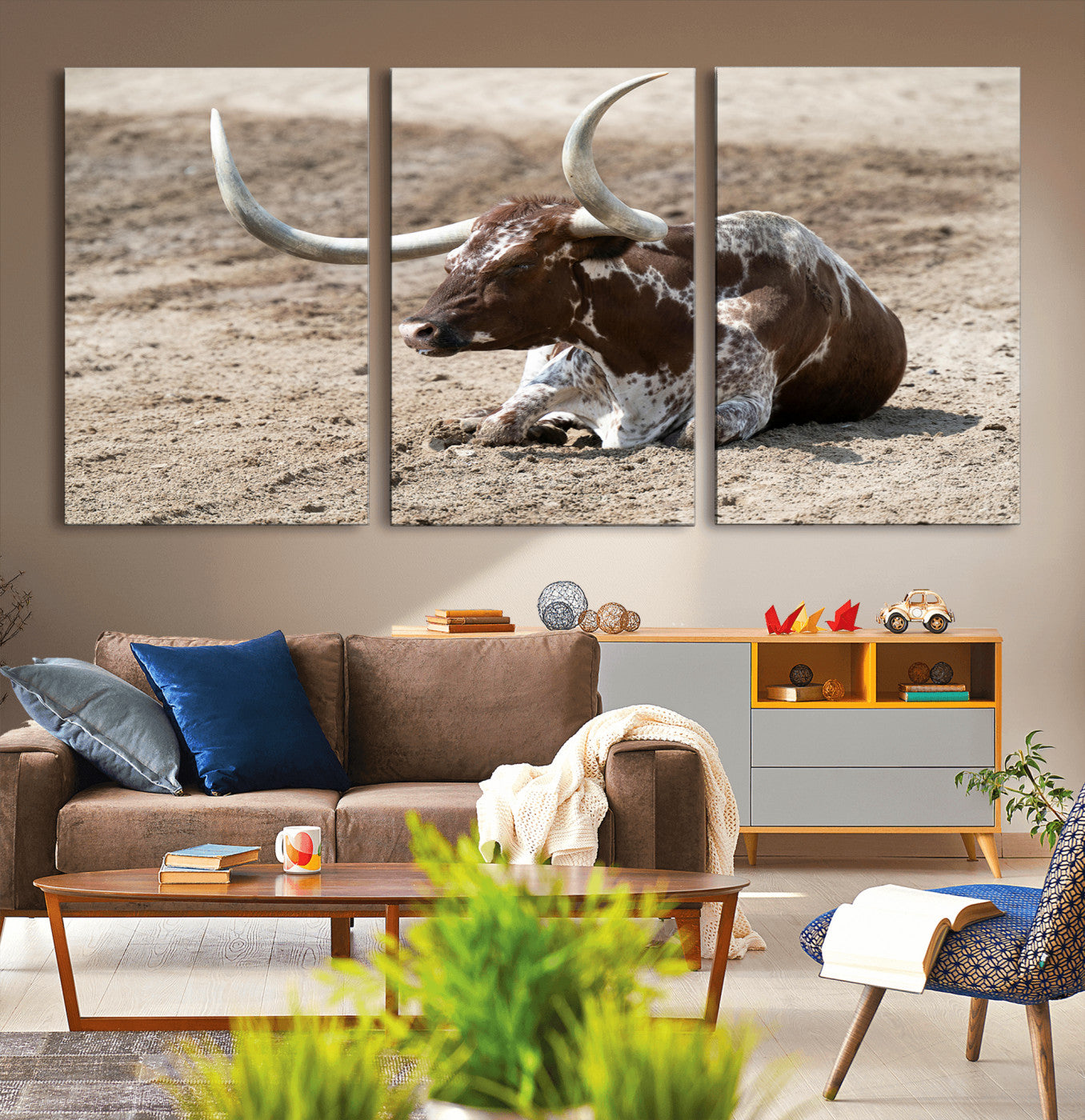 76549210-MGV-CV-36X24-Texas Longhorn Wall Art Canvas Print, Framed Country Living Art Picture Print, Farmhouse Aesthetic Perfect Western Rustic Decor