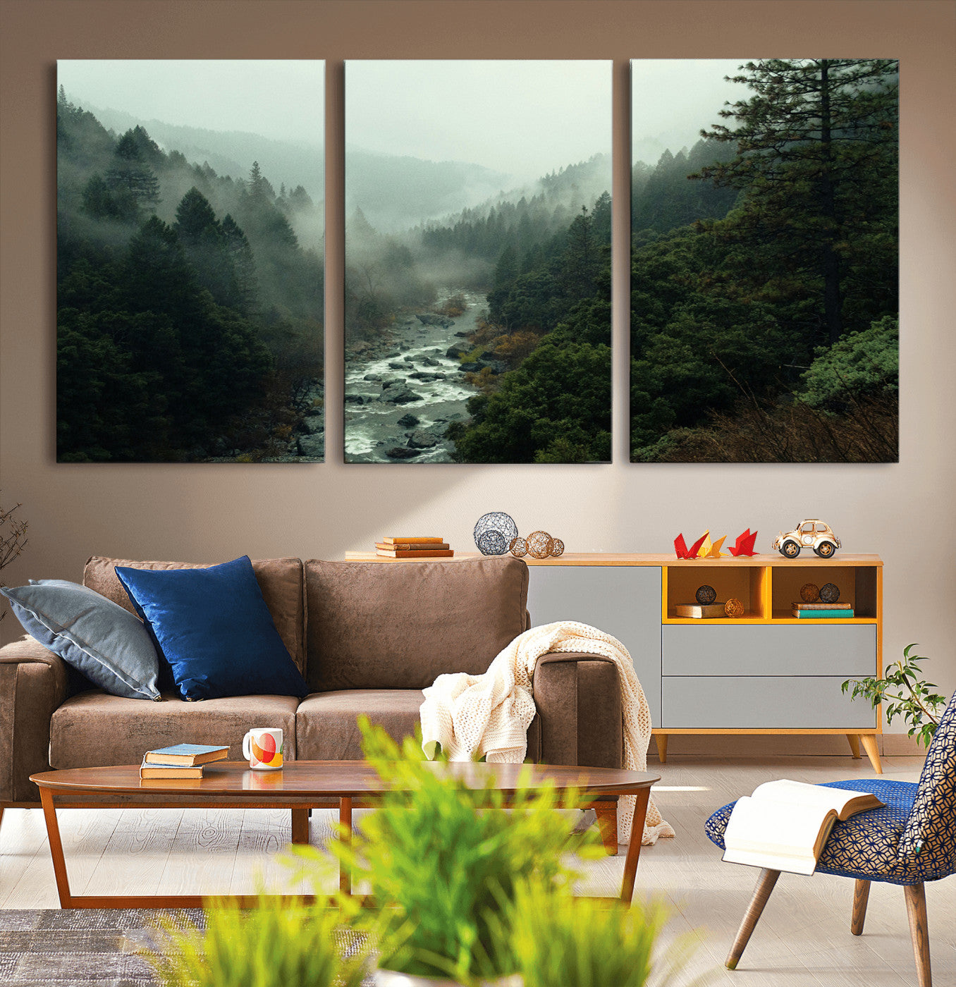 48497565-MGV-CV-36X24-Misty Forest Wall Art Canvas Print, Framed Foggy River Art Picture Print, Moody Landscape Perfect Moody Wilderness Decor Artwork