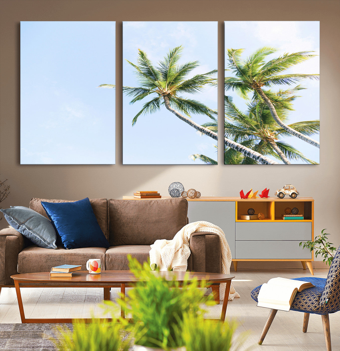 54719115-MGV-CV-60X30-3P-Palm Trees Wall Art Canvas Print, Framed Tropical Aesthetic Art Picture Print, Coastal Serenity Perfect Tropical Minimalist Decor