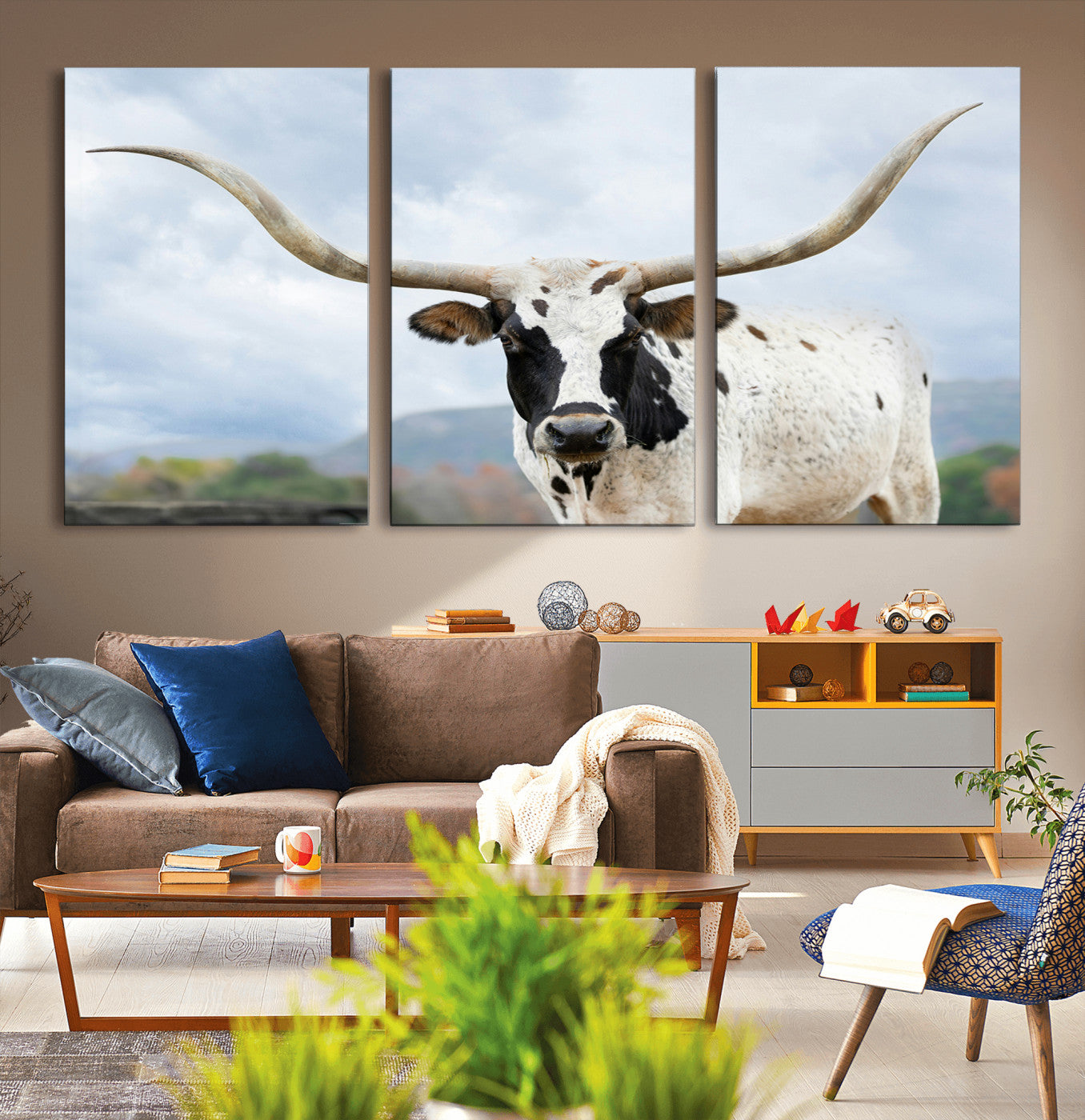 63592811-MGV-CV-36X24-Texas Longhorn Wall Art Canvas Print, Framed Western Rustic Art Picture Print, Farmhouse Decor Perfect Rustic Farmhouse Decor