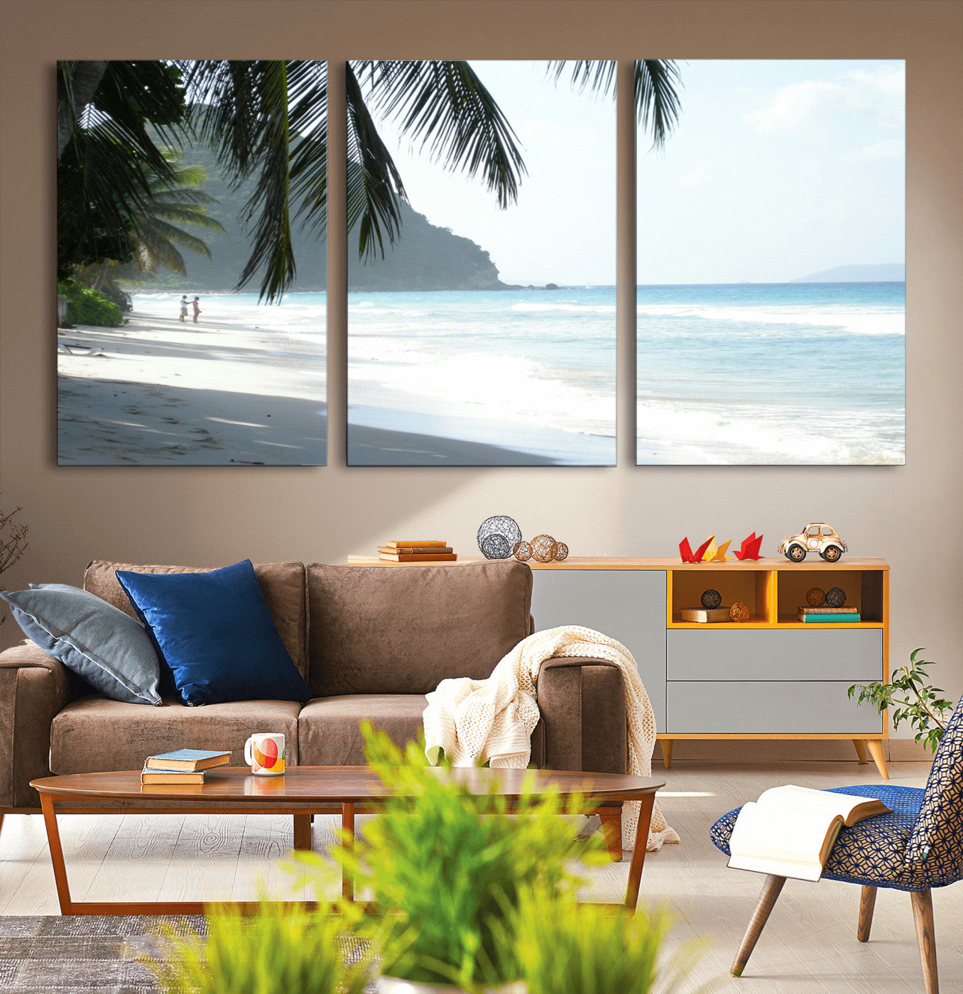18311030-MGV-CV-36X24-Tropical Beach Wall Art Canvas Print, Framed Serene Ocean Art Picture Print, Palm Tree Shadows Perfect Tropical Coastal Decor