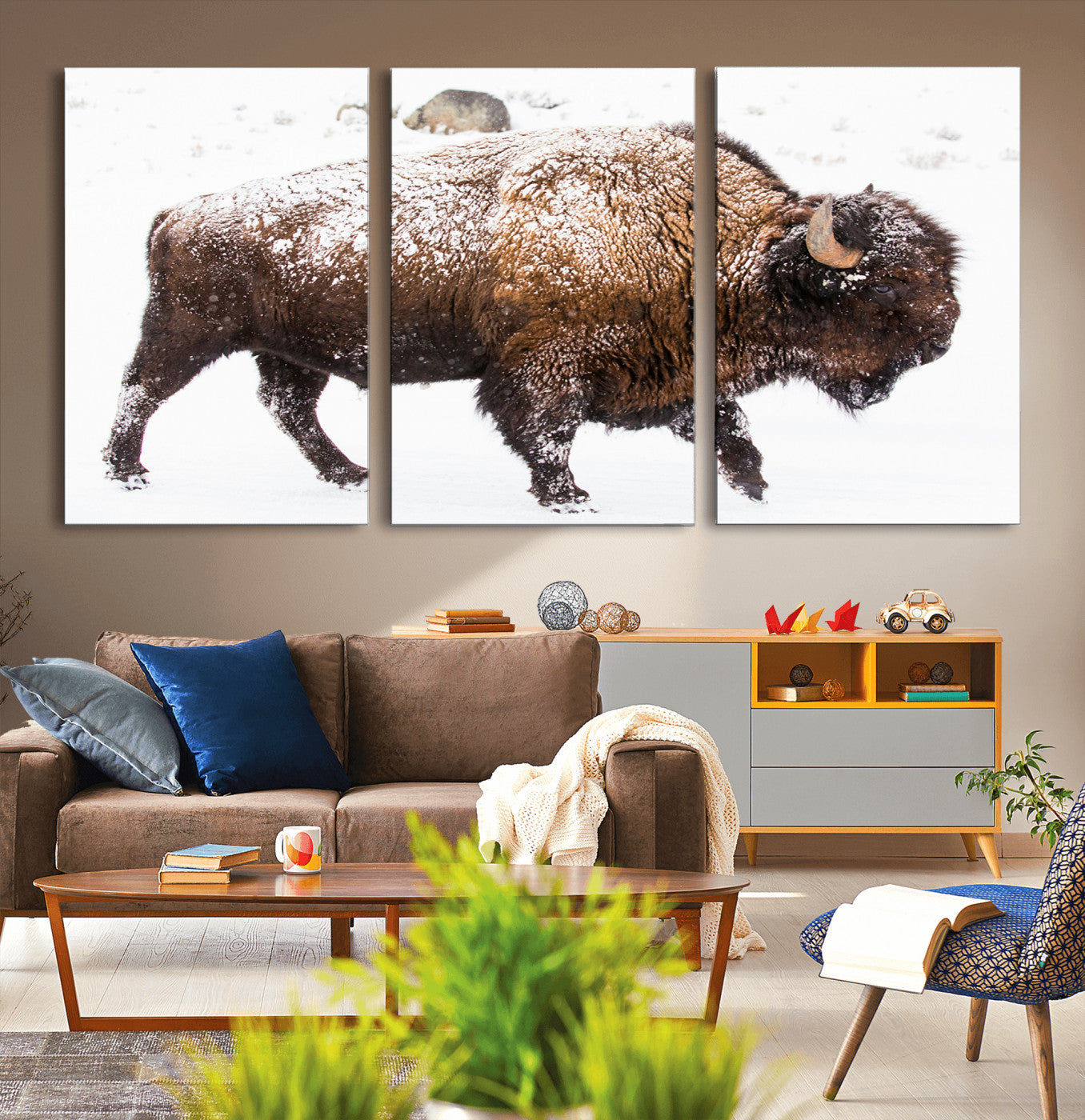 94261165-MGV-CV-36X24-Snowy Buffalo Wall Art Canvas Print, Framed Wildlife Photography Art Picture Print, Brown Tones Perfect Rustic Lodge Decor Decor