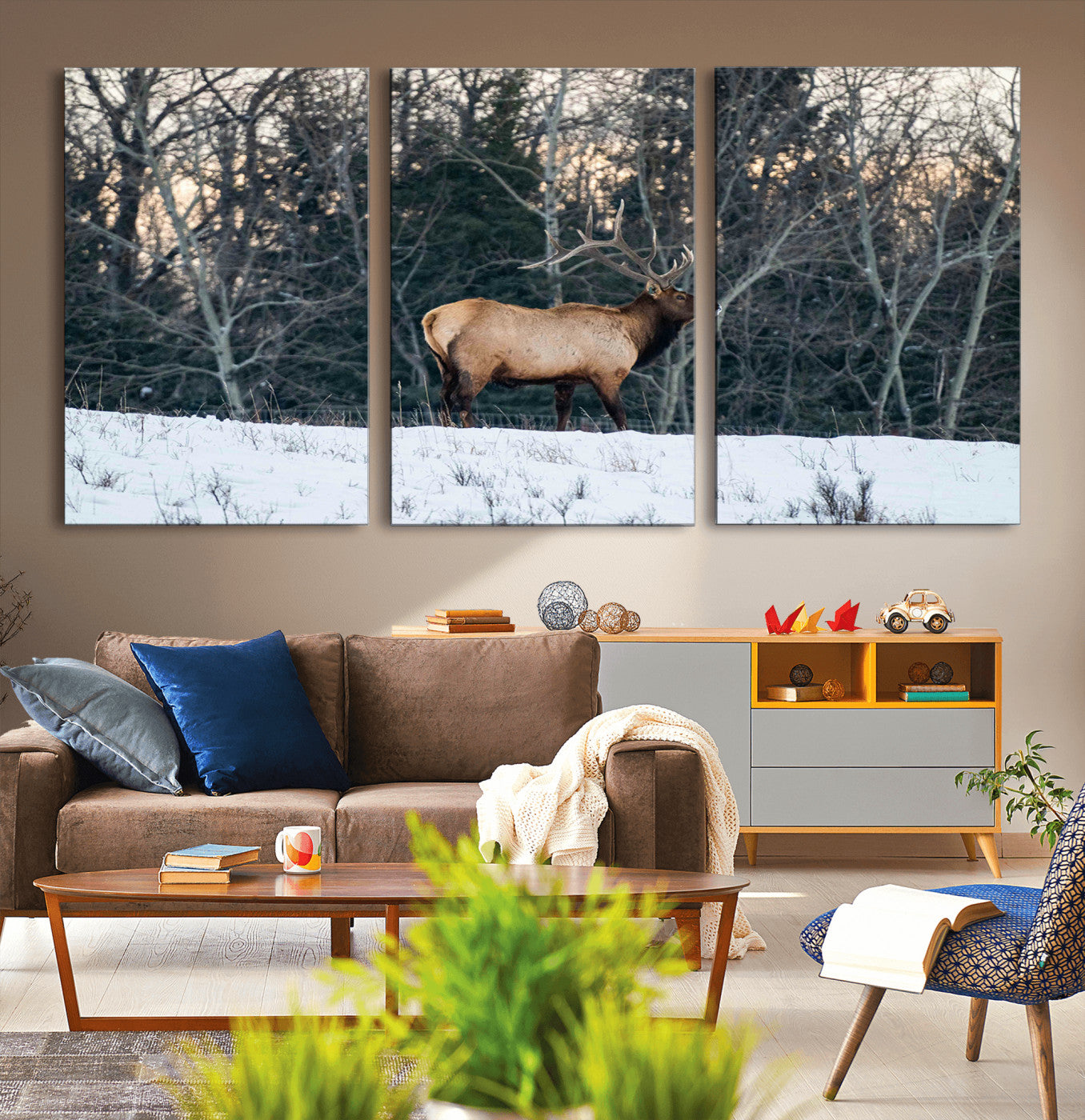 36533178-MGV-CV-36X24-Wild Elk Photography Wall Art Canvas Print, Framed Winter Wildlife Art Picture Print, Snowy Forest Perfect Rustic Lodge Decor