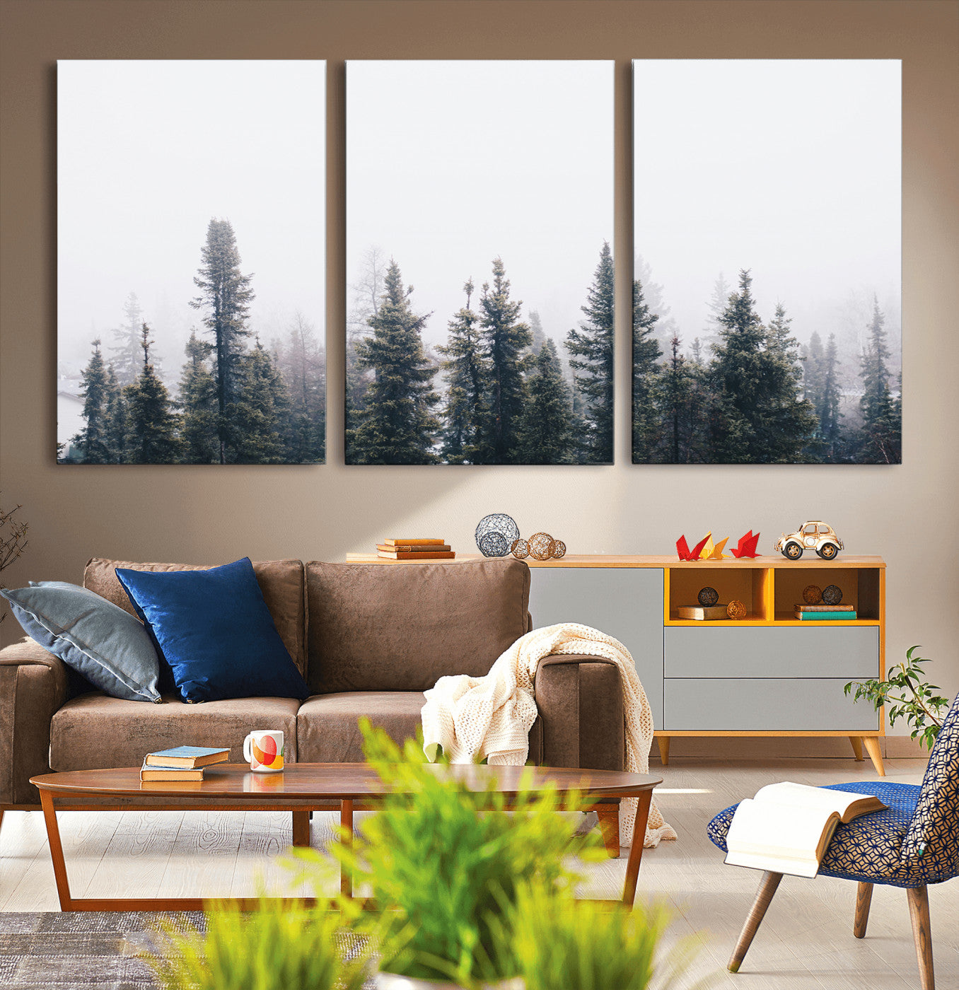 42364796-MGV-CV-36X24-Foggy Forest Wall Art Canvas Print, Framed Misty Pines Art Picture Print, Moody Woodland Perfect Scandinavian Minimalist Decor