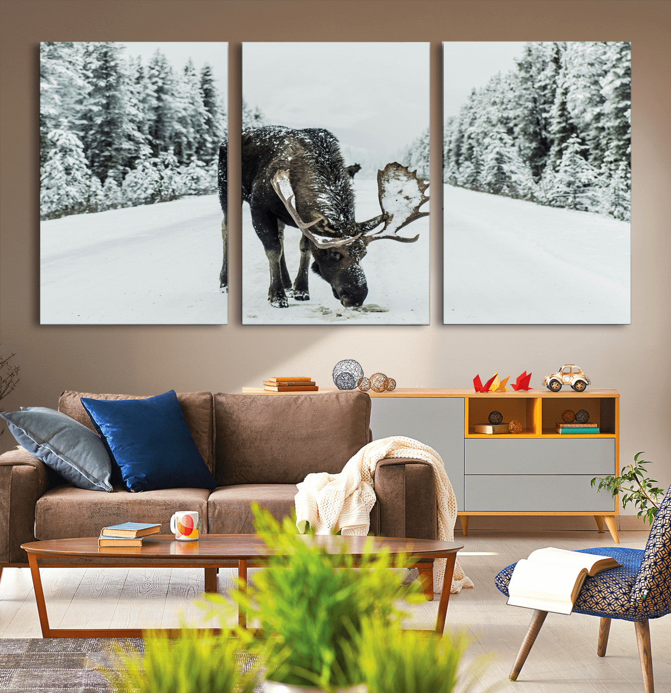 13316292-MGV-CV-36X24-Moose in Snow Wall Art Canvas Print, Framed Winter Wildlife Art Picture Print, Snowy Forest Scene Perfect Rustic Lodge Decor