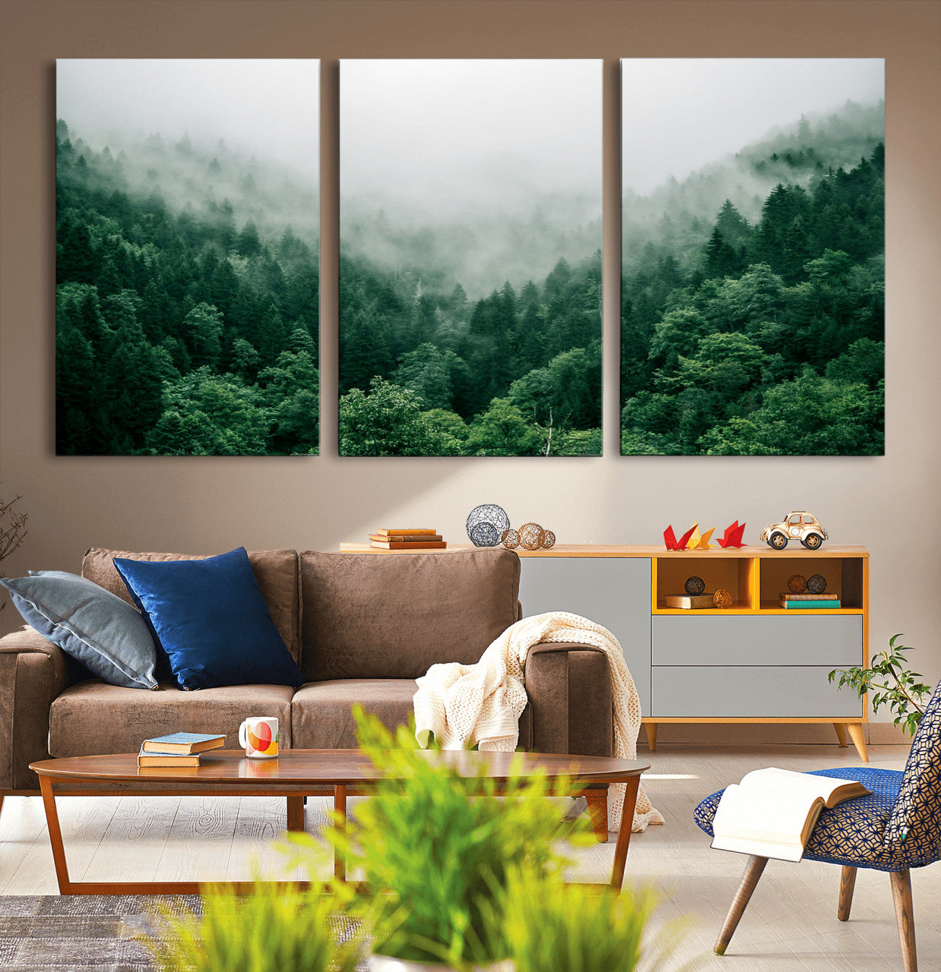 45265379-MGV-CV-36X24-Misty Forest Wall Art – Green Mountain Pine Tree Landscape Canvas Print, Nature Photography Artwork Home Decor for Bedroom, Living