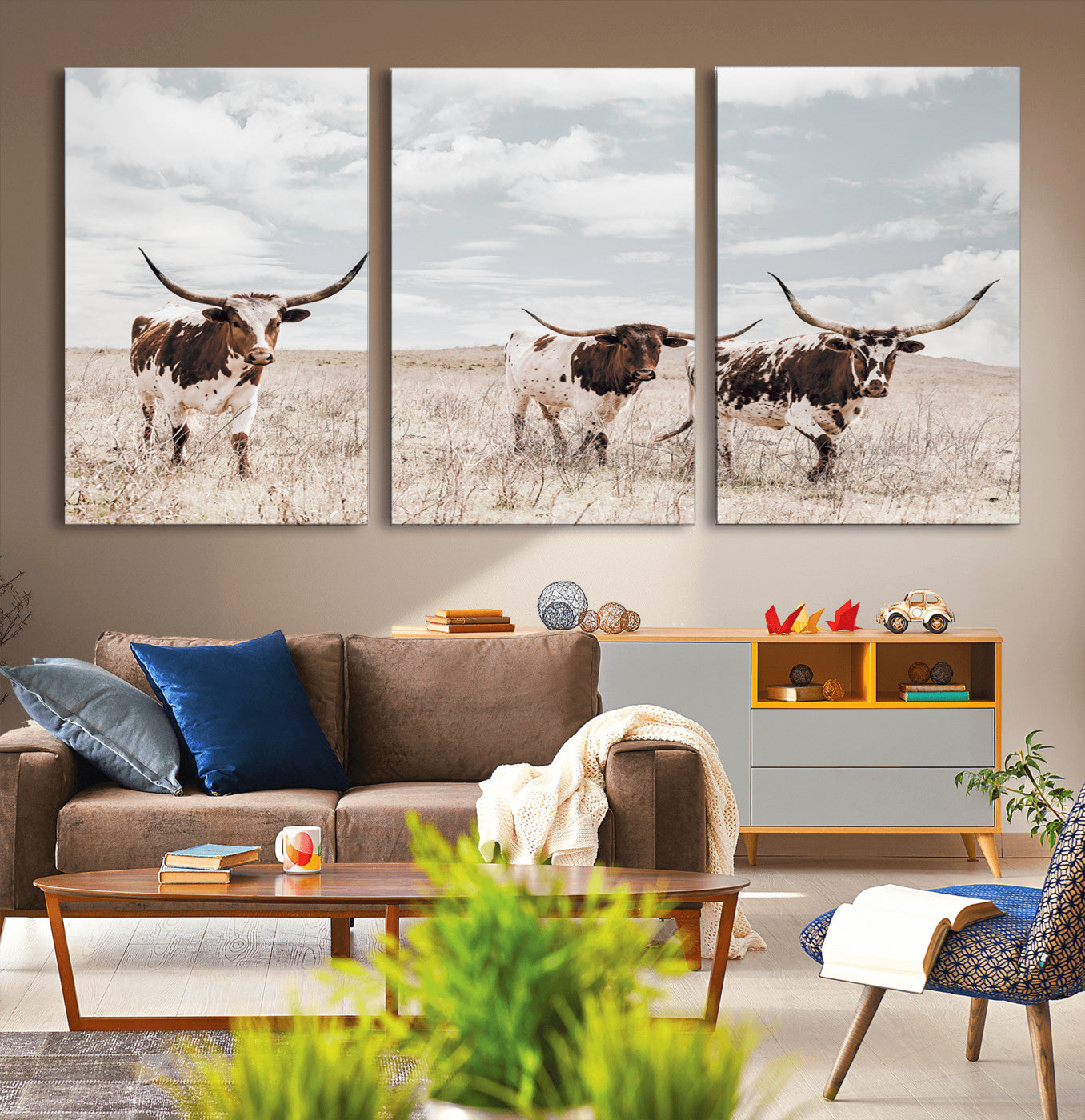 65621083-MGV-CV-36X24-Texas Longhorn Wall Art – Rustic Western Cattle Canvas Print, Southwestern Ranch Photography Decor for Living Room, Office,