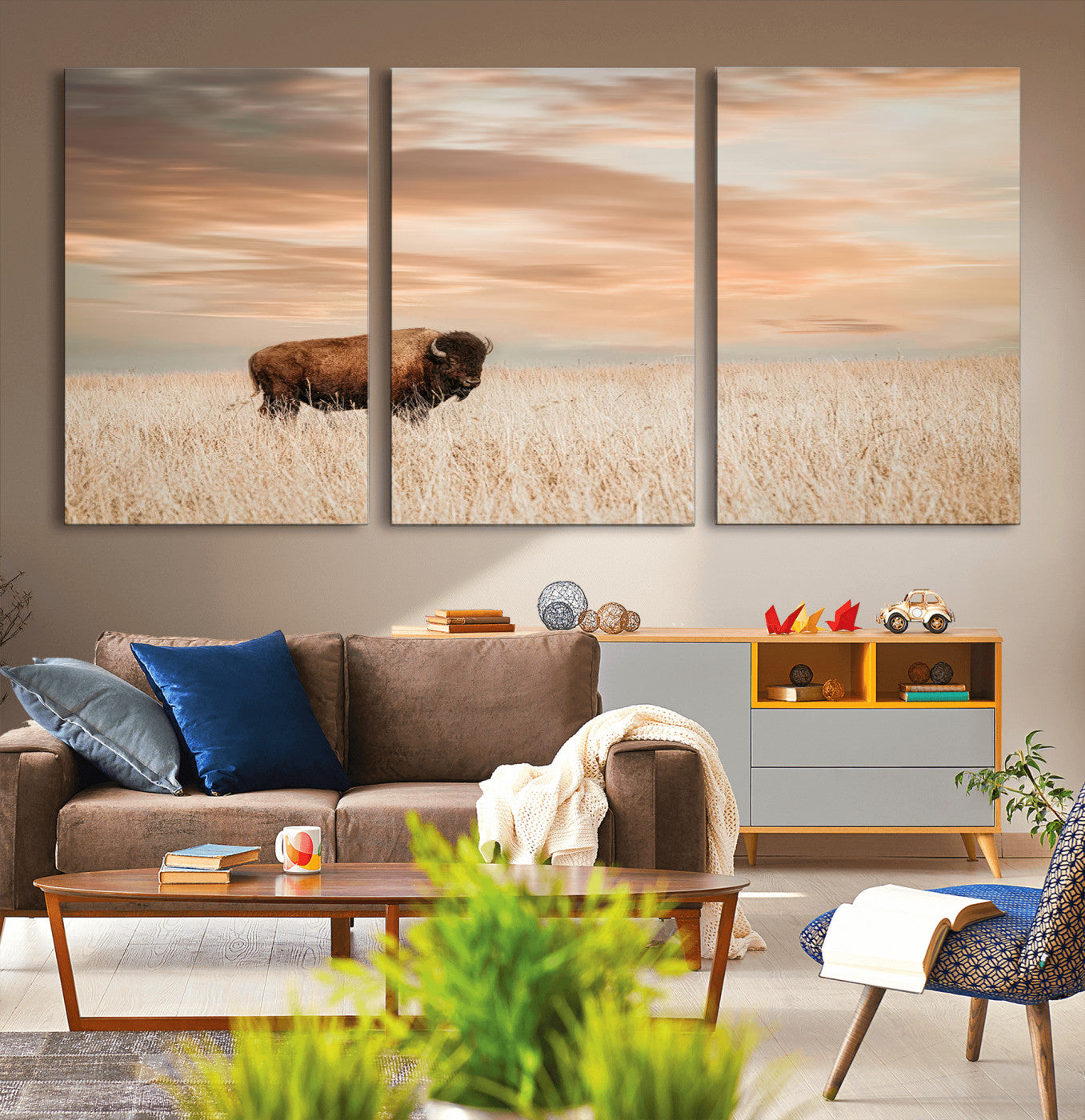 20306324-MGV-CV-36X24-Bison Wall Art – Lone American Buffalo Prairie Sunset Canvas Print, Rustic Western Wildlife Photography Decor for Living Room,