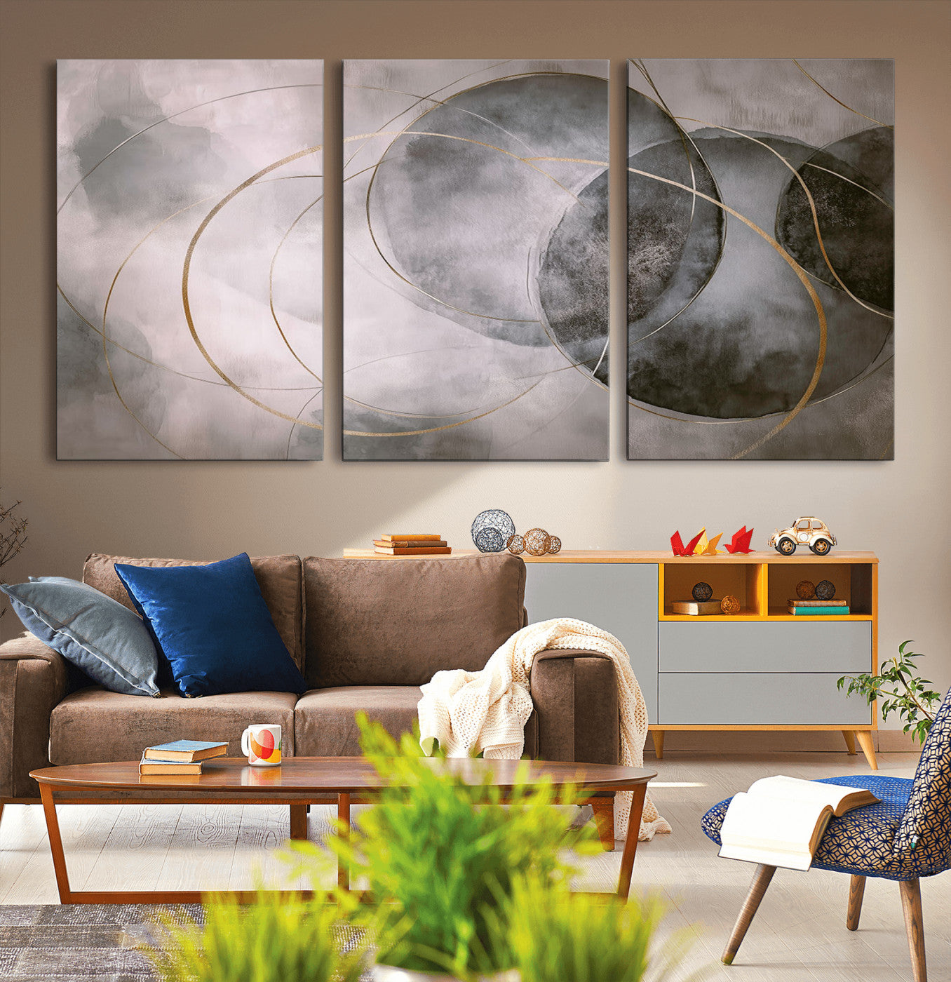 20066876-MGV-CV-36X24-Neutral Abstract Circle Wall Art – Modern Gray Beige Gold Canvas Print, Minimalist Geometric Painting for Bedroom, Living Room,