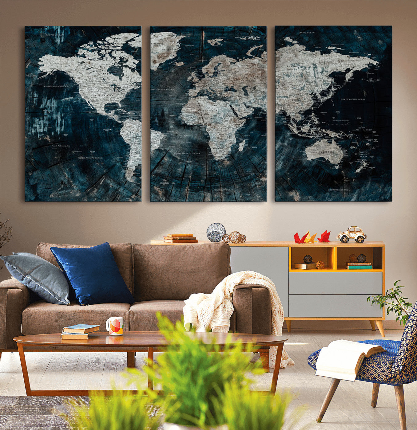 34425609-MGV-CV-36X24-World Map Wall Art – Rustic Navy and Grey Atlas Canvas Print, Distressed Explorer Map Artwork, Industrial Style Decor for Office,