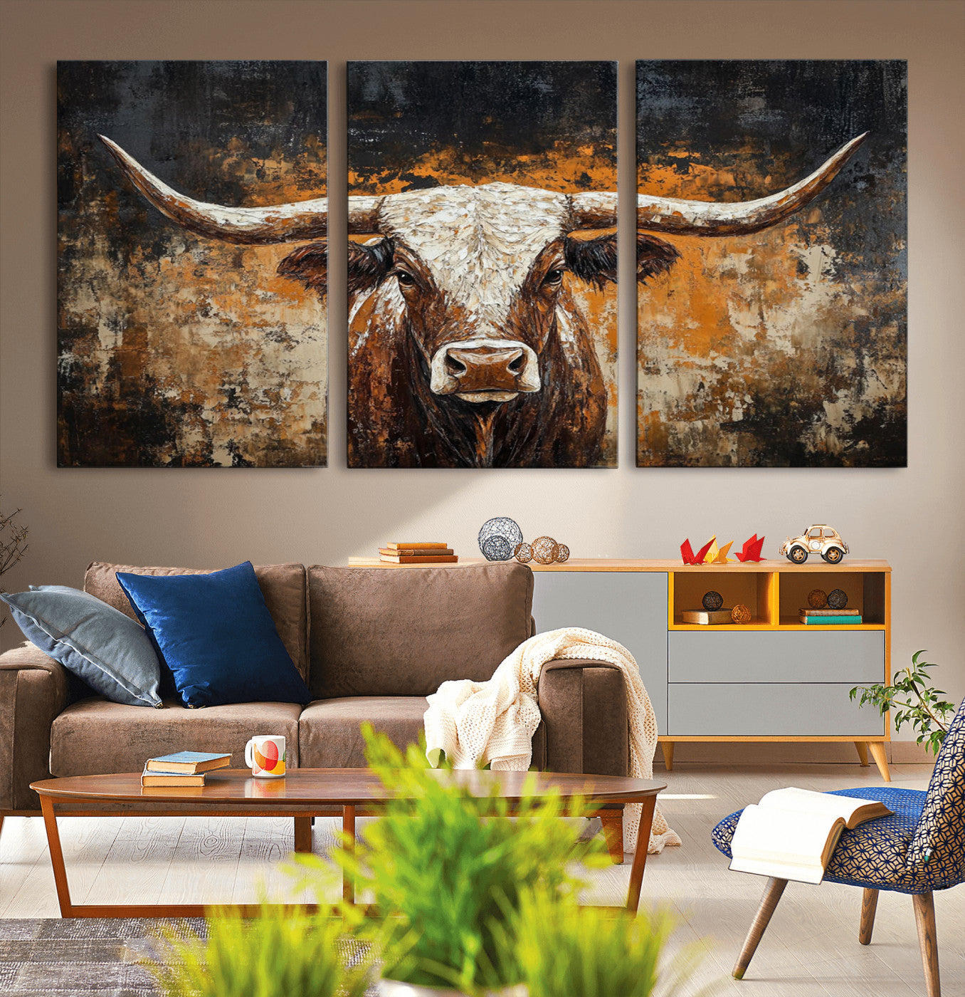25265572-MGV-CV-36X24-Longhorn Bull Wall Art – Rustic Western Texas Steer Canvas Print, Textured Animal Painting for Home, Office, Man Cave or Farmhouse