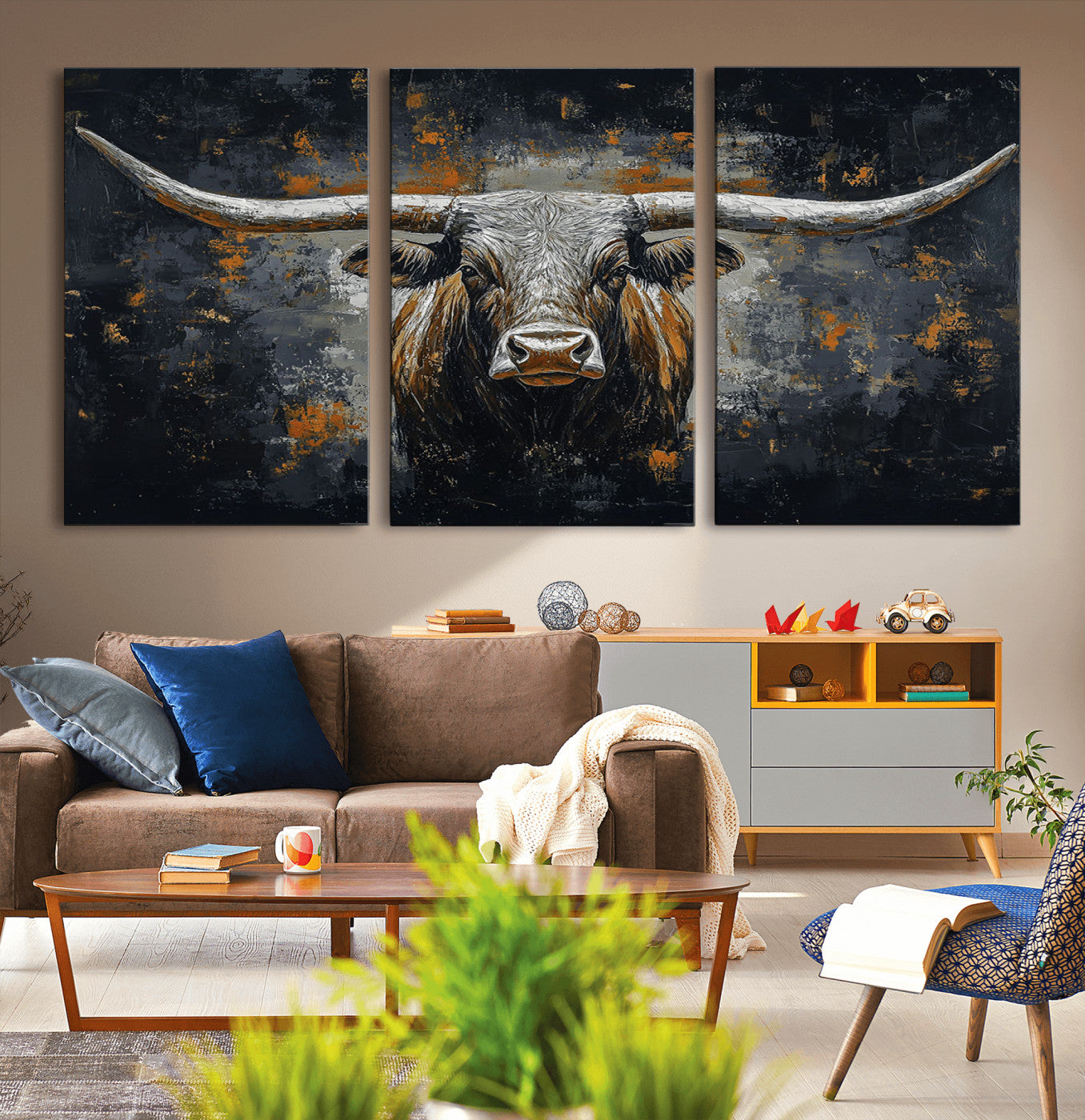93195031-MGV-CV-36X24-Dark Longhorn Bull Wall Art – Western Steer Canvas Print, Moody Rustic Animal Painting for Man Cave, Ranch House, Office or Modern