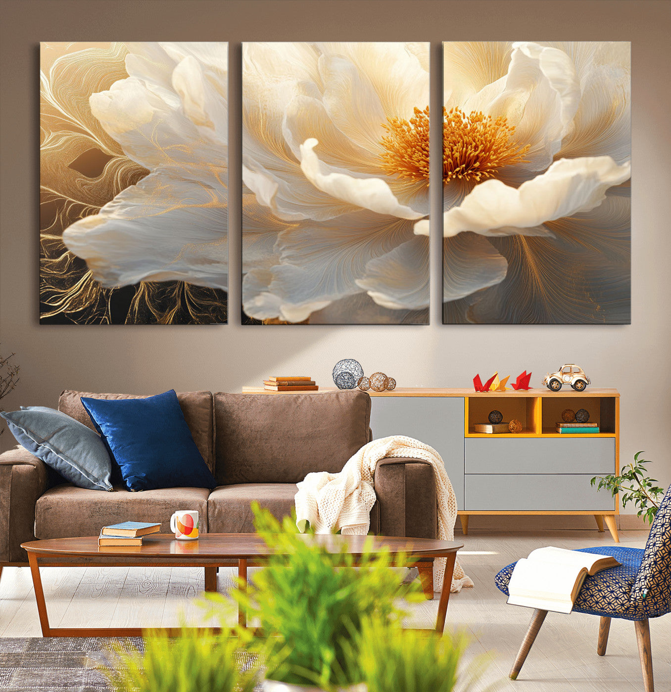 29539087-MGV-CV-36X24-Floral Wall Art – Elegant White and Gold Bloom Canvas Print, Romantic Modern Flower Artwork for Bedroom, Living Room, or Office