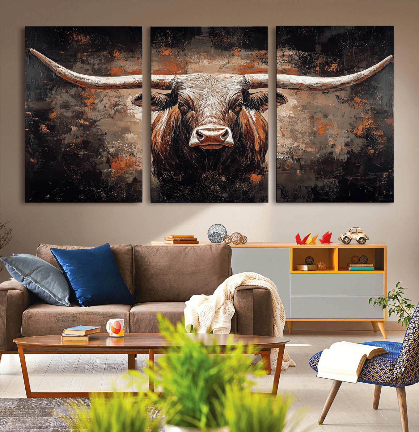 24779067-MGV-CV-36X24-Longhorn Bull Wall Art – Western Rustic Canvas Print, Bold Cowboy Cattle Painting for Ranch House, Farmhouse, Office, or Living