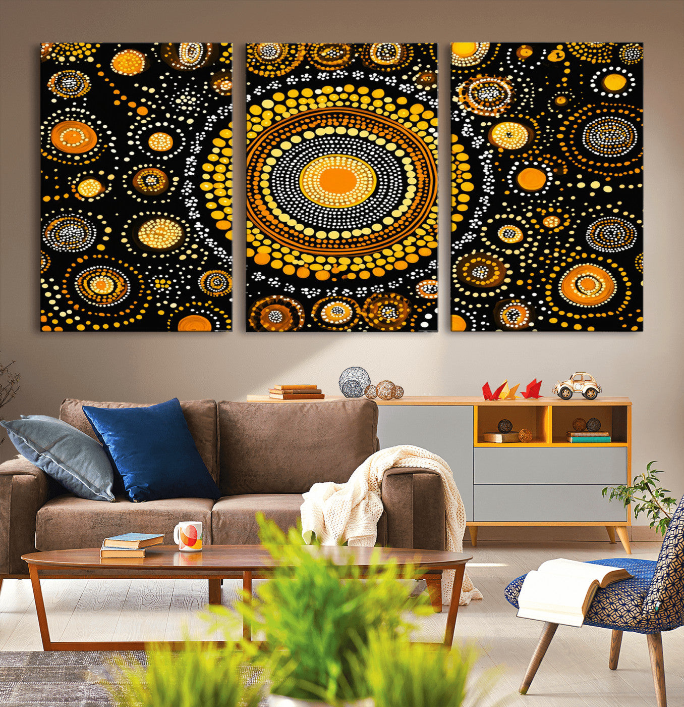 45478523-MGV-CV-36X24-Abstract Circle Wall Art – Bold Black and Gold Dot Painting Canvas Print, Modern Geometric Mandala Style Decor for Living Room or