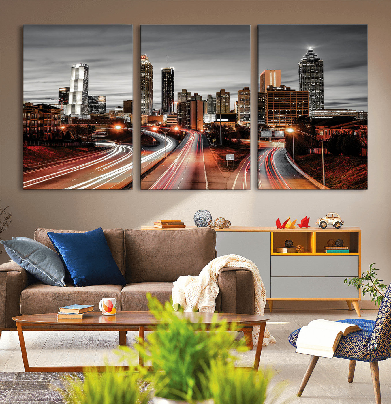 59097239-MGV-CV-36X24-City Skyline Wall Art – Modern Black and White Night Canvas Print with Red Light Trails, Urban Landscape Decor for Living Room or