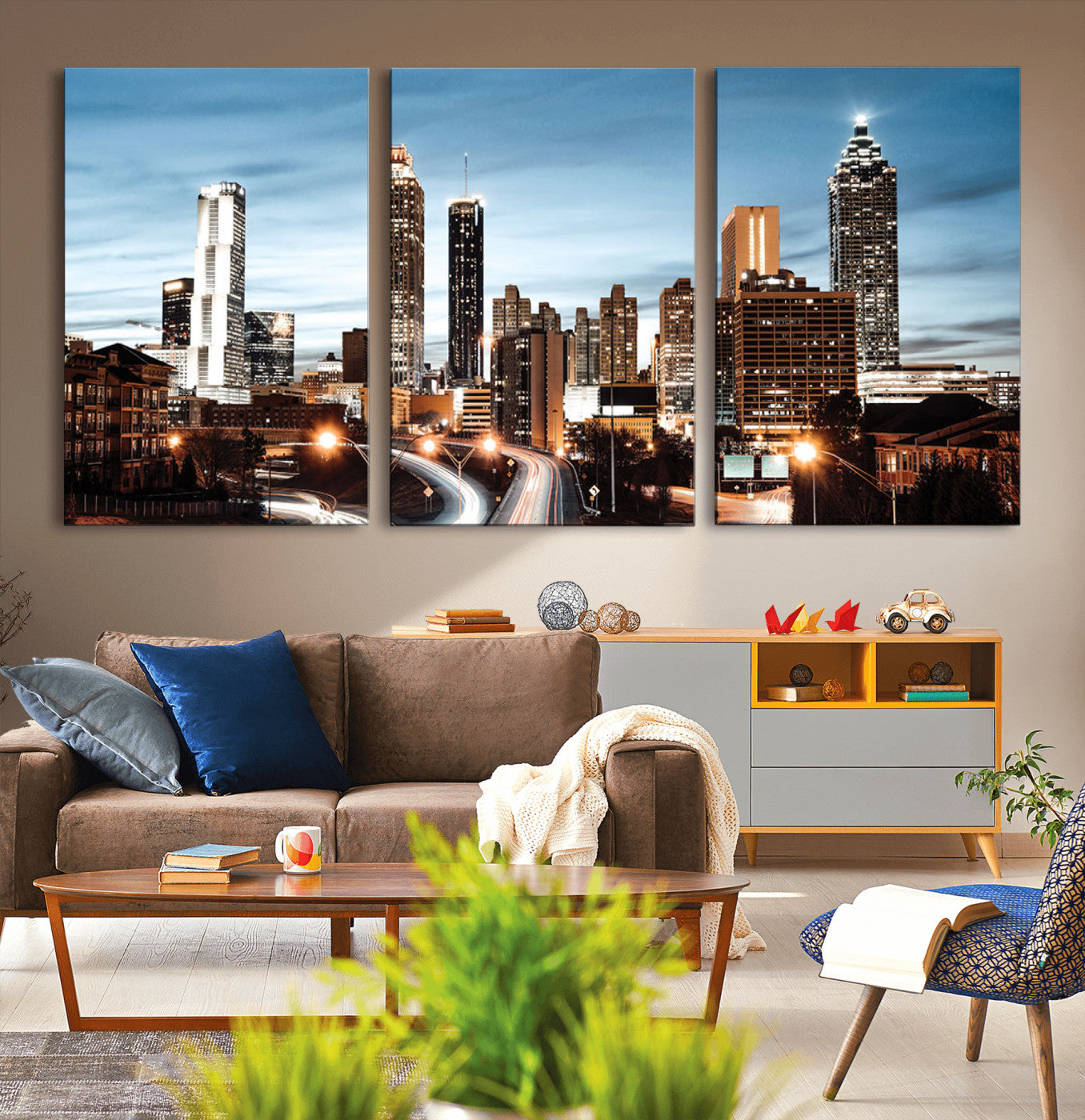 23859158-MGV-CV-36X24-Atlanta Skyline Wall Art – Modern Cityscape Canvas Print with Night Lights and Traffic Trails, Urban Decor for Office, Apartment,