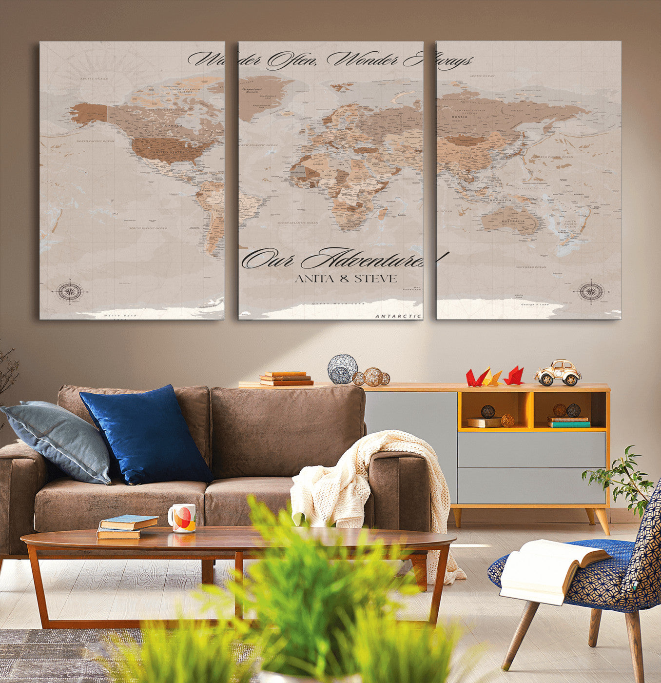 95243244-MGV-CV-36X24-Wander Often Wonder Always World Map Wall Art – Neutral Beige Adventure Canvas Print, Rustic Boho Travel Decor for Bedroom, Living