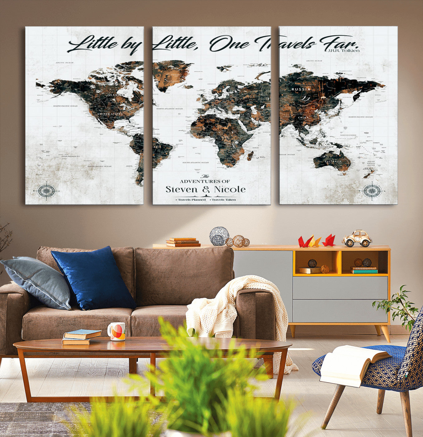 88337180-MGV-CV-36X24-Little by Little One Travels Far Tolkien Quote World Map Rustic Black Brown Adventure Wall Art Canvas Print for Home Office Living