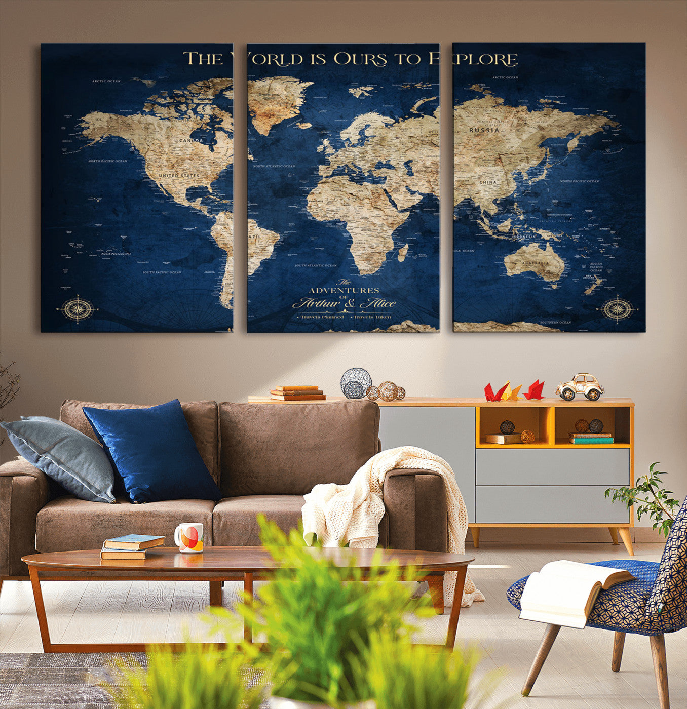 54782997-MGV-CV-36X24-The World is Ours to Explore Wall Art – Blue World Map Canvas Print, Adventure Travel Decor for Home, Office or Living Room,