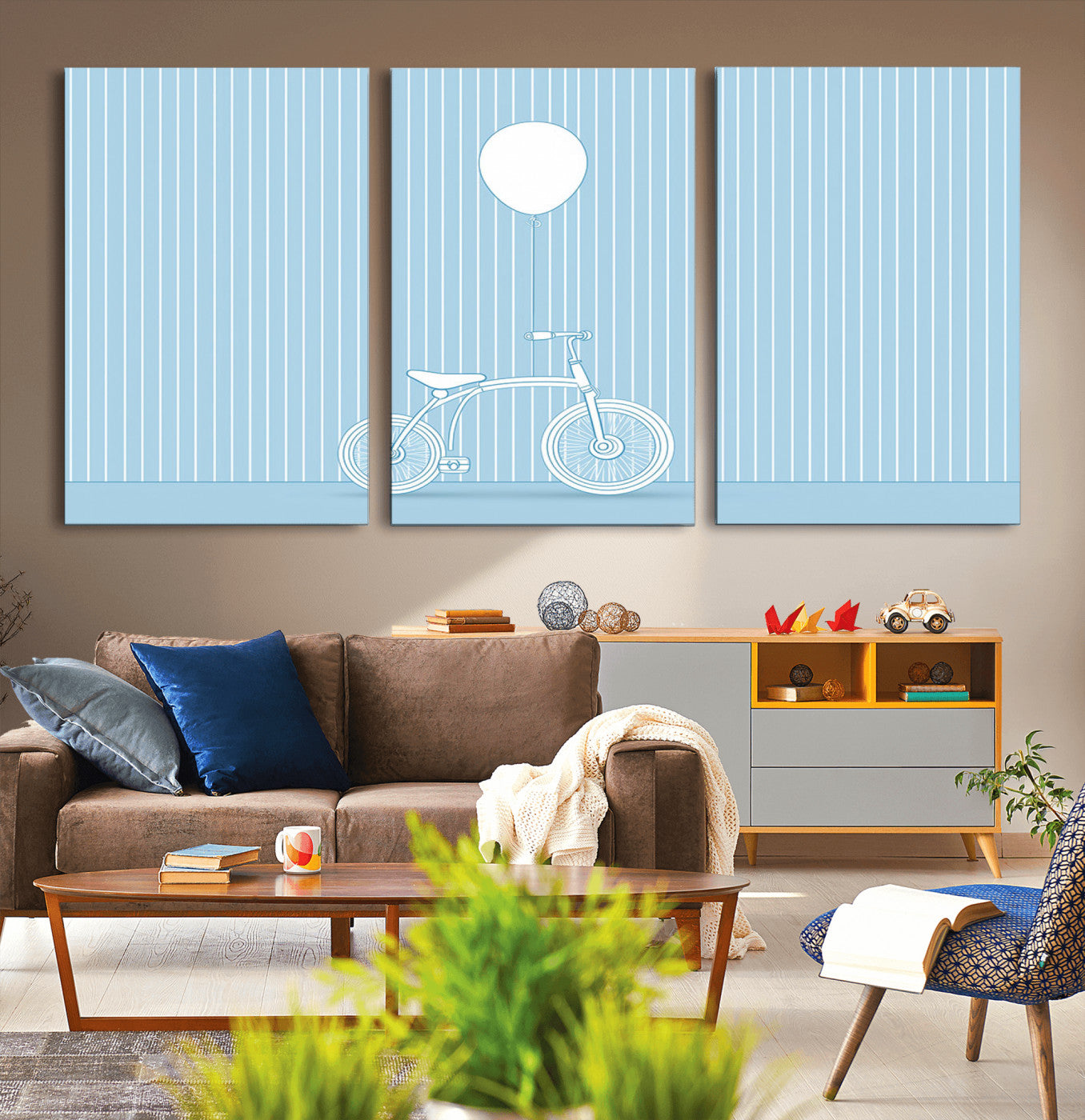 56479838-MGV-CV-36X24-Bicycle Wall Art – Minimalist Blue Canvas Print with Balloon Illustration, Modern Decor Artwork for Kids Room, Nursery, or Living