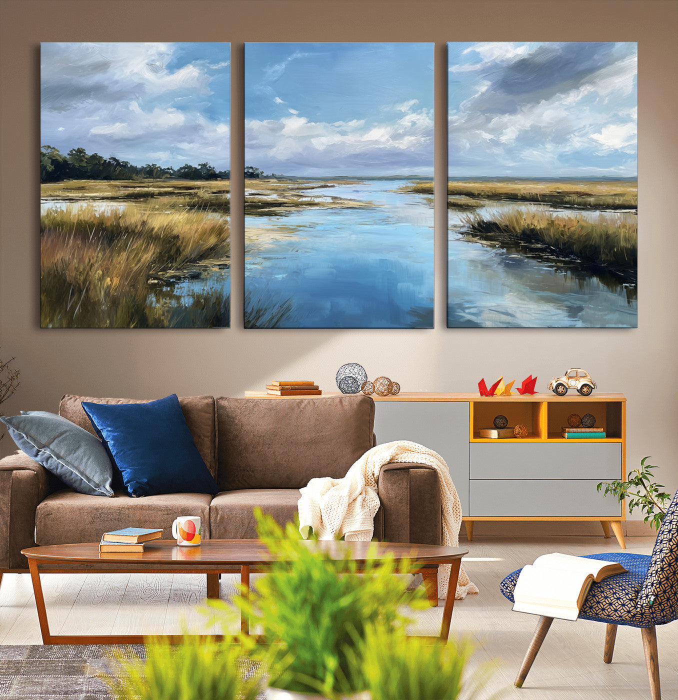 87082041-MGV-CV-36X24-Marshland Landscape Wall Art – Serene Nature Canvas Print with Blue Sky and Reflections, Tranquil Scenic Painting for Living Room,