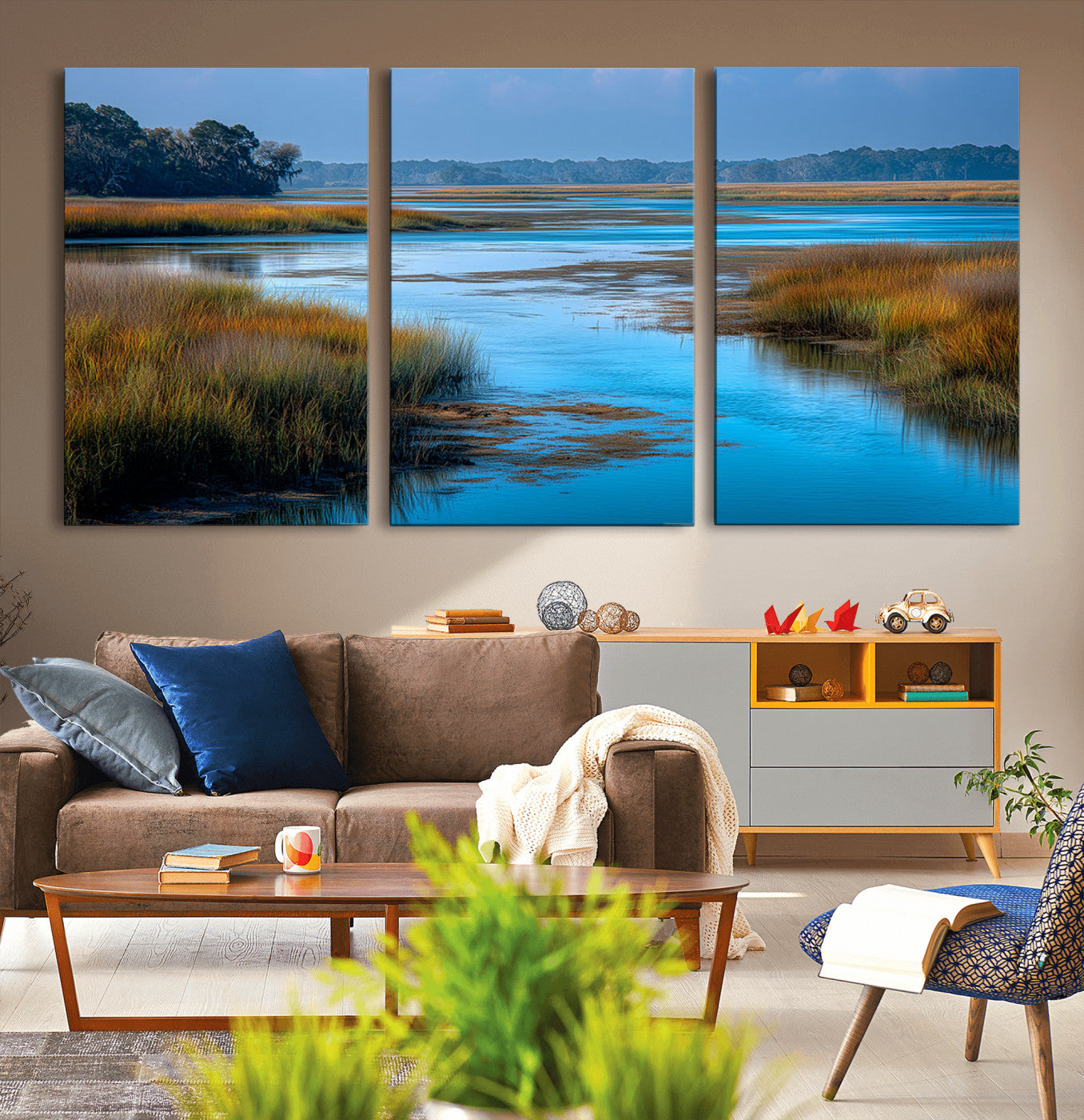 26300004-MGV-CV-36X24-Marshland Landscape Wall Art – Scenic Nature Canvas Print with Golden Grass and Blue Water, Peaceful River Photography for Living