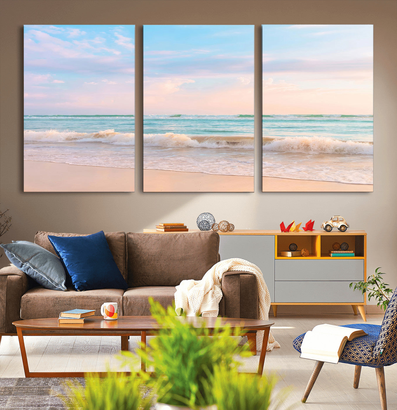 88024944-MGV-CV-36X24-Serene Ocean Waves Canvas Wall Art – Pastel Sky, Soft Sand Beach, Tranquil Seascape, Calm Water Coastal Nature, Relaxing Peaceful