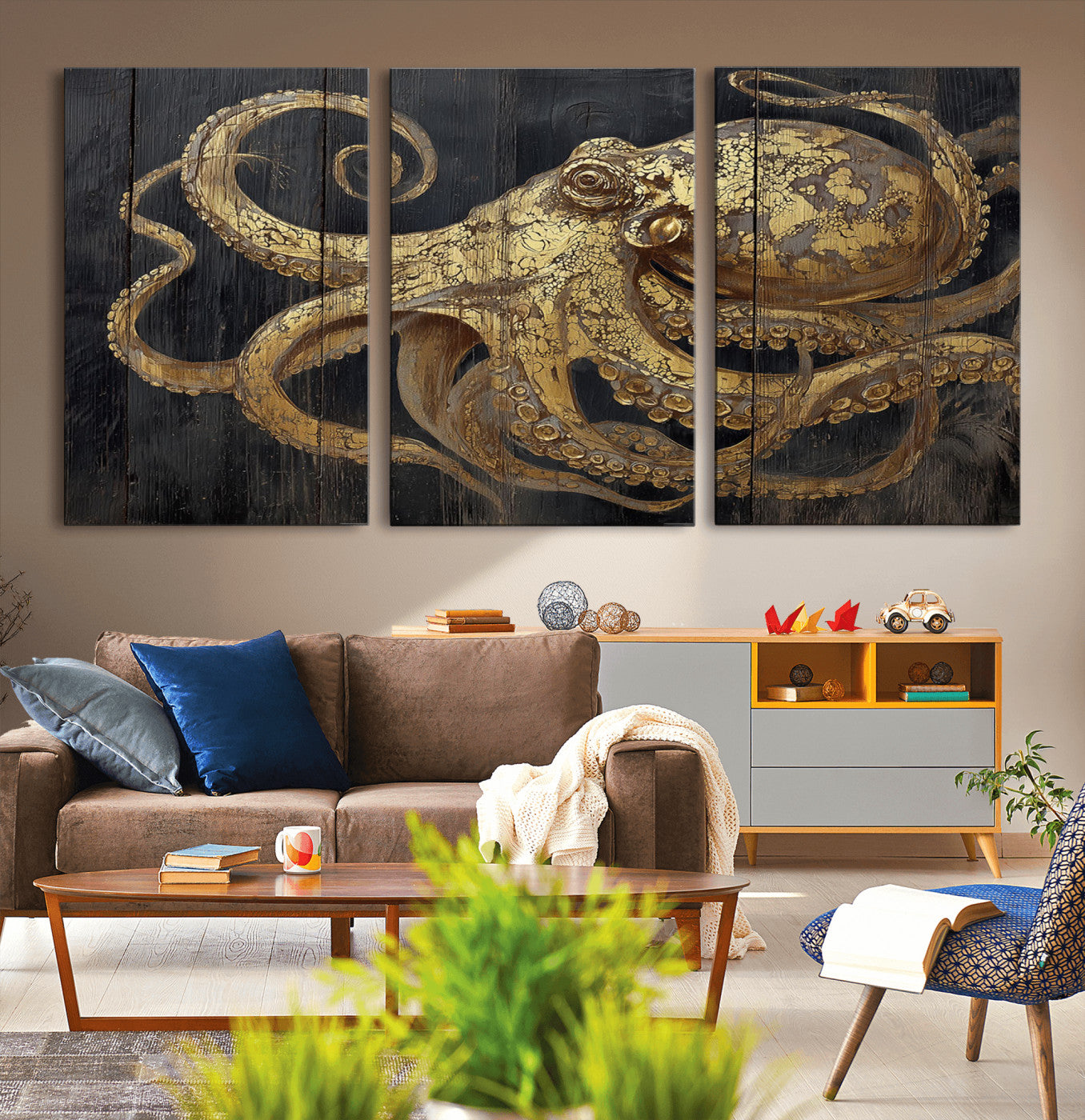 47056538-MGV-CV-36X24-Octopus Wall Art – Gold Nautical Canvas Print with Rustic Wood Texture, Marine Creature Artwork for Coastal Ocean Decoration in