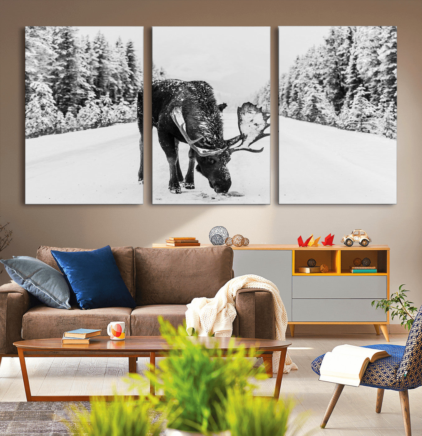 38956835-MGV-CV-36X24-Moose Winter Snowy Forest Canvas Wall Art – Wildlife Nature, Antlers in Frozen Landscape, Quiet Path, Cold Season Outdoors Print