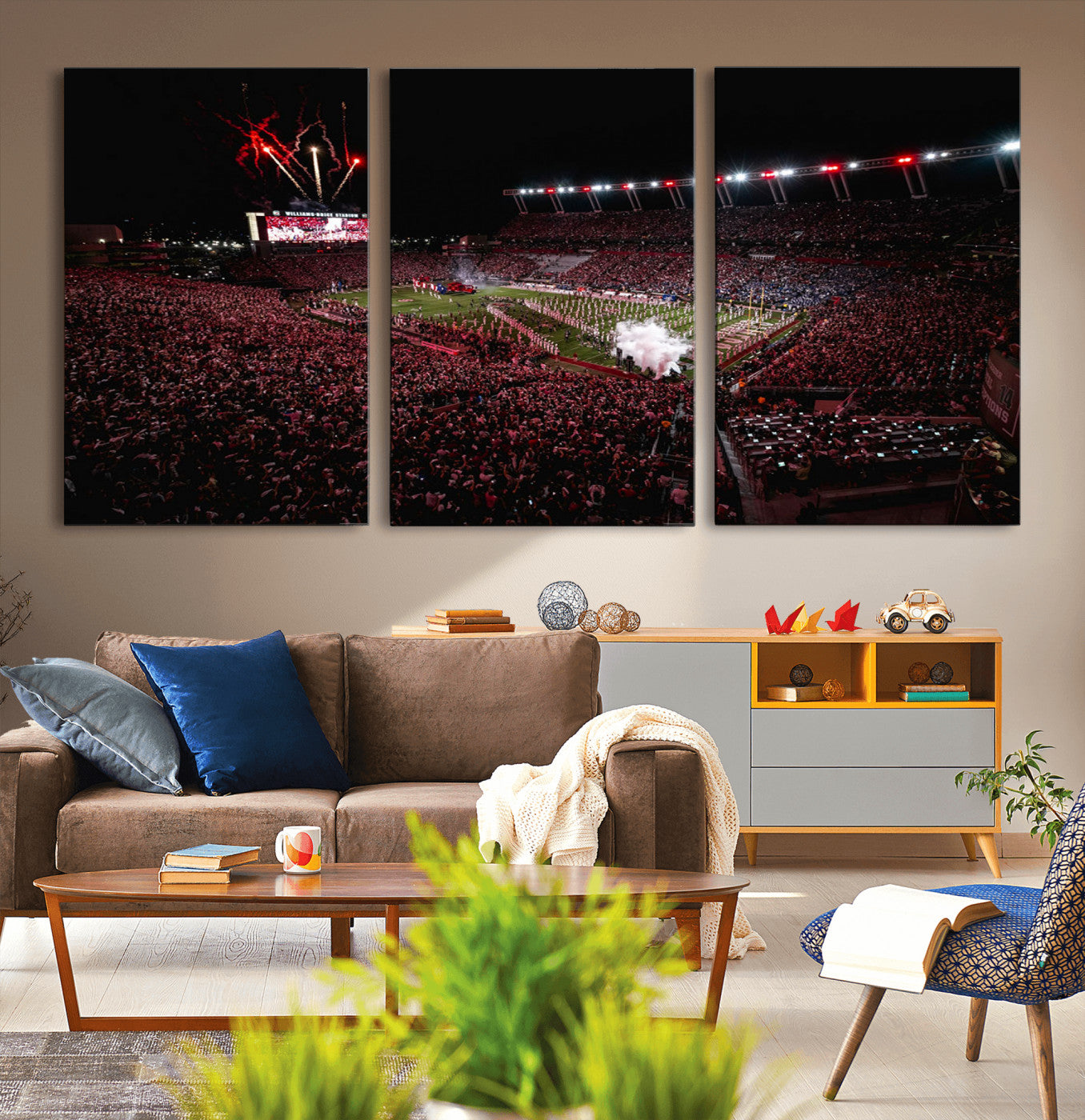 60690191-MGV-CV-36X24-Stadium Wall Art – Night Game Football Canvas Print with Fireworks, Marching Band and Crowd, Panoramic Sports Photography for Man