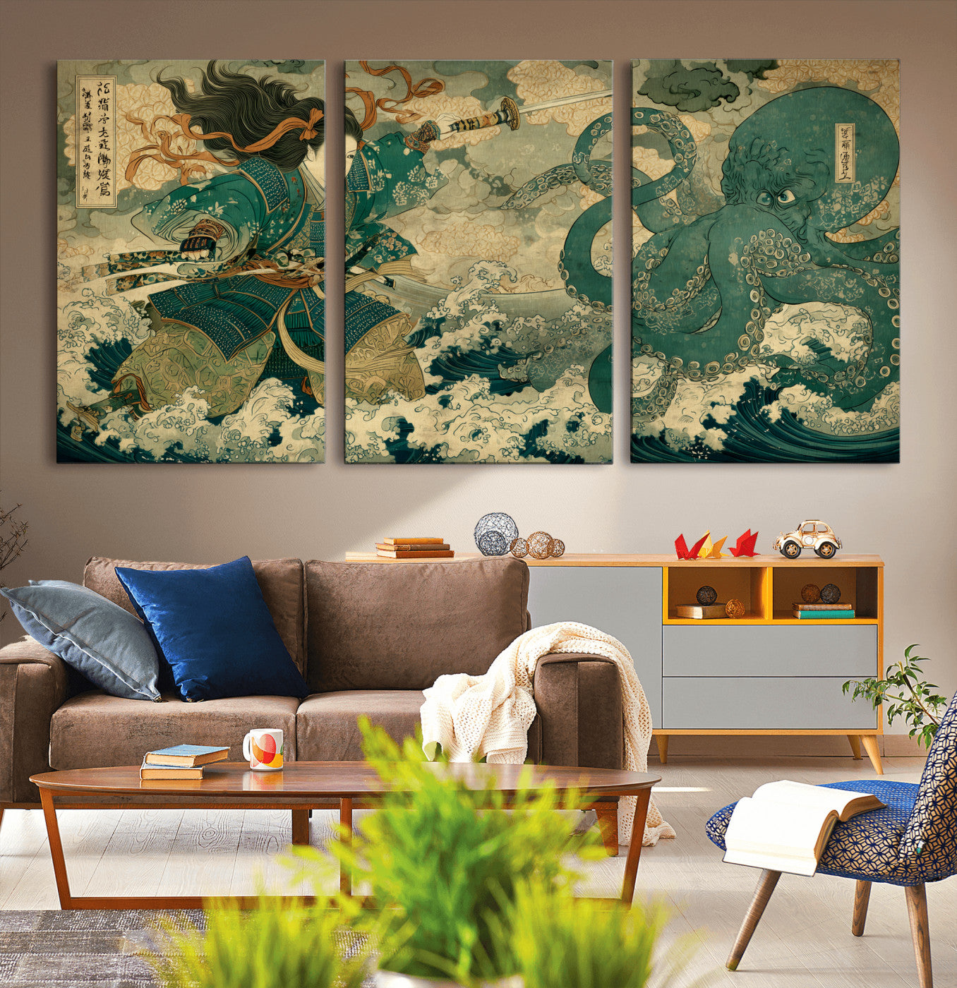 24416422-MGV-CV-36X24-Samurai vs Octopus Wall Art – Japanese Warrior Ocean Battle Canvas Print, Ukiyo e Inspired Decor for Home, Office, or Man Cave
