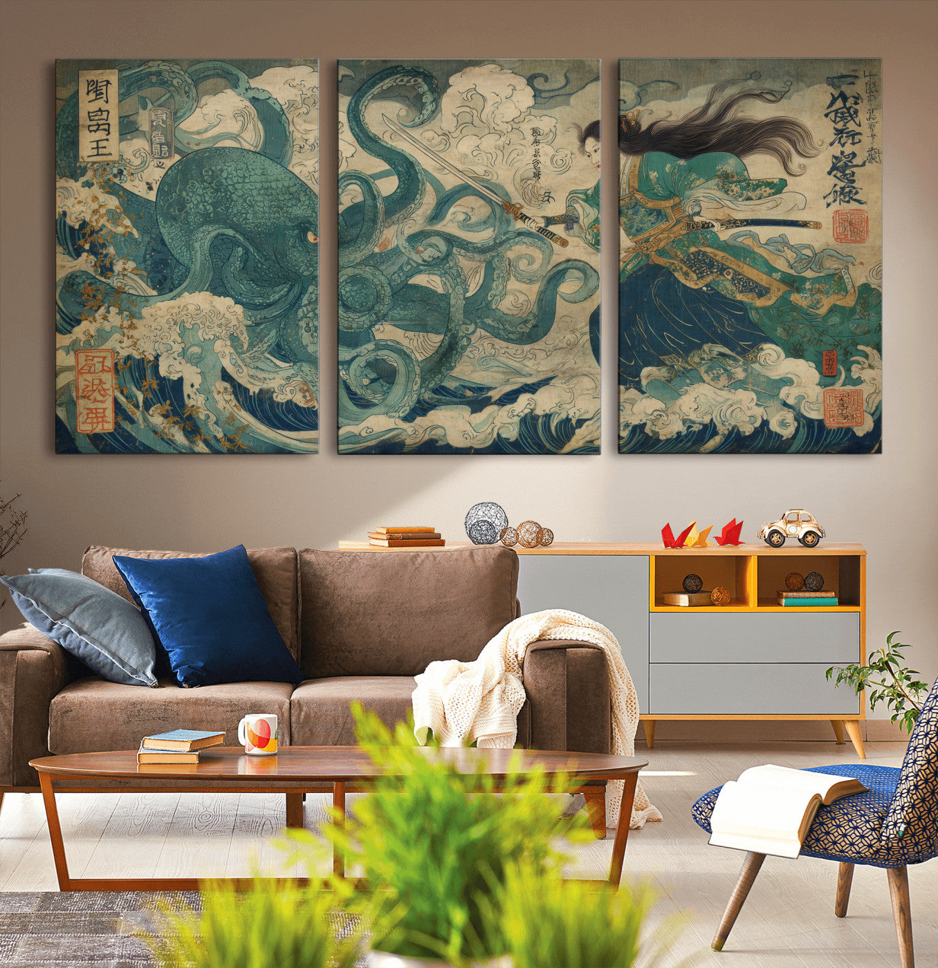 60346622-MGV-CV-36X24-Tsukioka Yoshitoshi Samurai Wall Art Print, Japanese Katana Warrior Canvas Wall Art, Octopus Sea Monster Canvas Print,