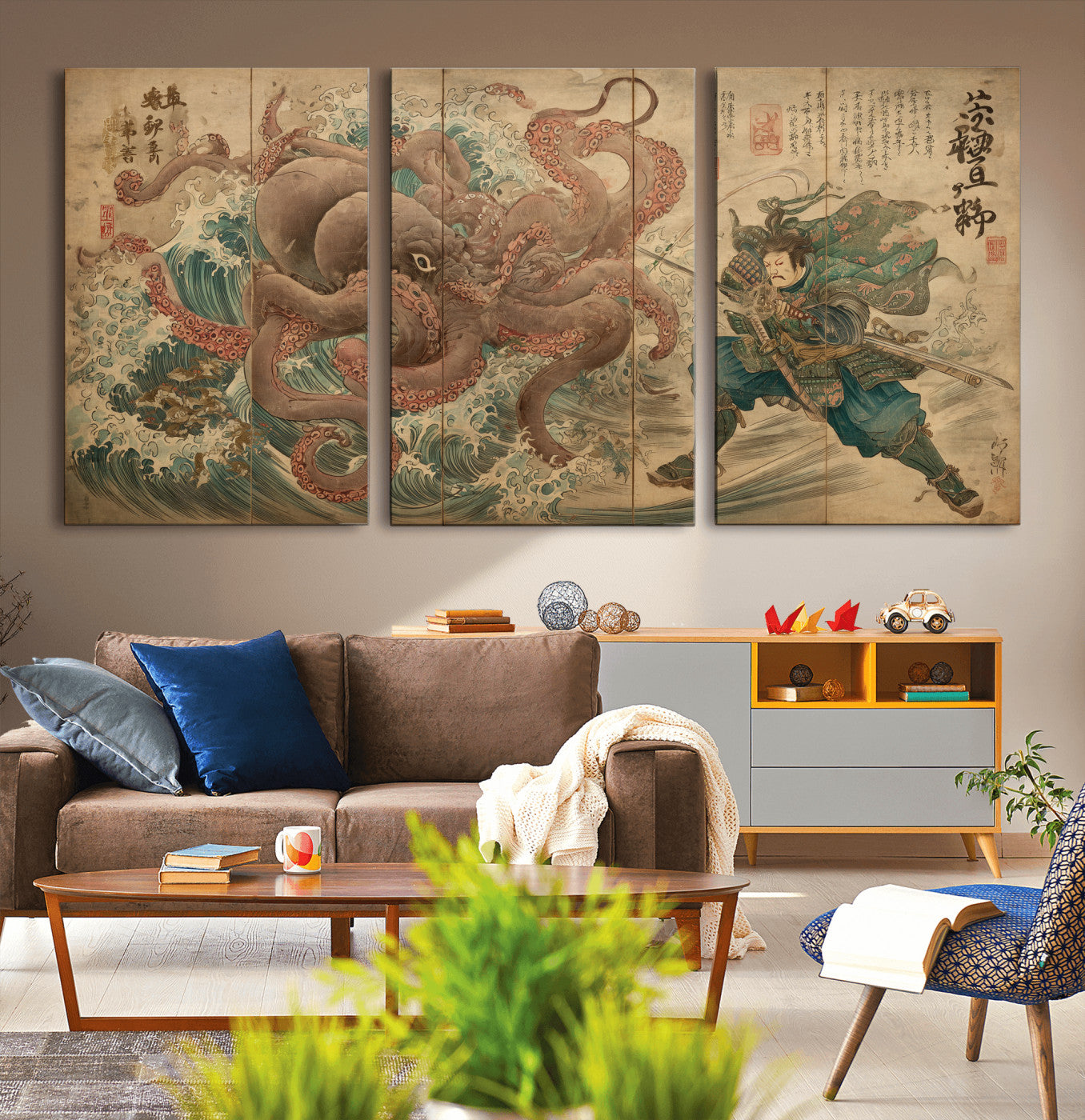 63782167-MGV-CV-36X24-Tsukioka Yoshitoshi Samurai Wall Art Print, Japanese Katana Warrior Canvas Wall Art, Octopus Sea Monster Canvas Print,