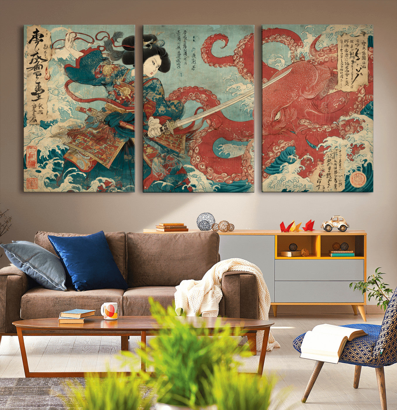 68844327-MGV-CV-36X24-Tsukioka Yoshitoshi Samurai Wall Art Print, Japanese Katana Warrior Canvas Wall Art, Octopus Sea Monster Canvas Print,