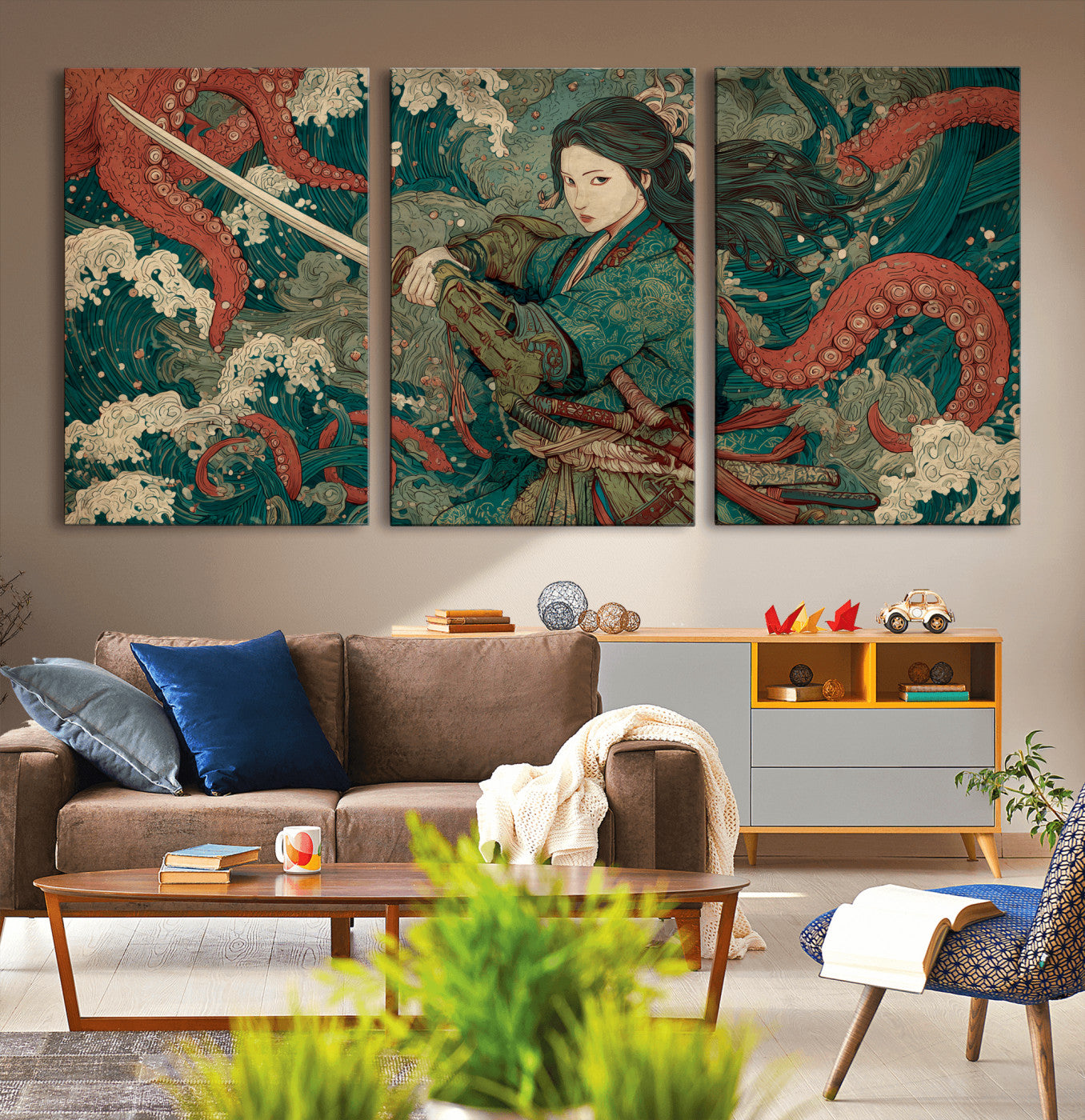 35461724-MGV-CV-36X24-Samurai Woman vs Octopus Wall Art – Japanese Ukiyo-e Ocean Waves Canvas Print, Red Tentacle Battle Artwork for Living Room,