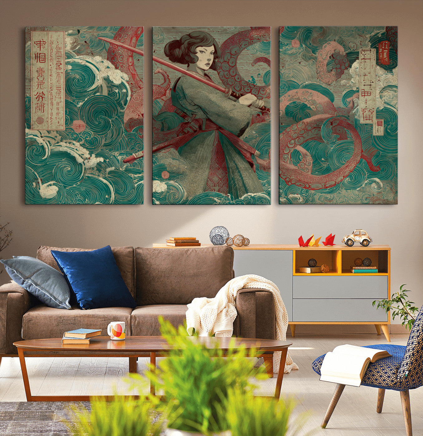 91666601-MGV-CV-36X24-Samurai Woman vs Octopus Wall Art – Japanese Ukiyo-e Green Robe Canvas Print, Ocean Battle Artwork for Living Room, Office, Man