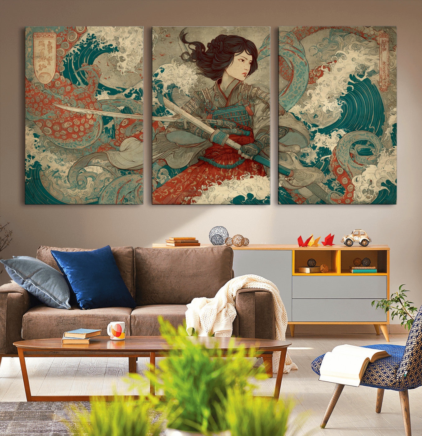 37797255-MGV-CV-36X24-Samurai Woman vs Octopus Wall Art – Japanese Ukiyo-e Red Armor Ocean Battle Canvas Print, Warrior Artwork for Living Room, Office,