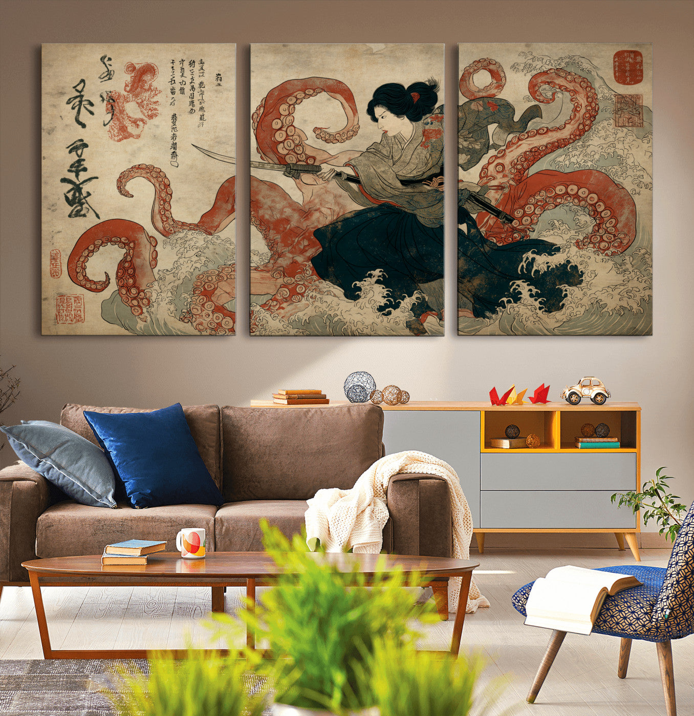 82737246-MGV-CV-36X24-Samurai Woman vs Octopus Wall Art – Japanese Ukiyo-e Dual Sword Canvas Print, Red Tentacle Ocean Battle Artwork for Living Room,
