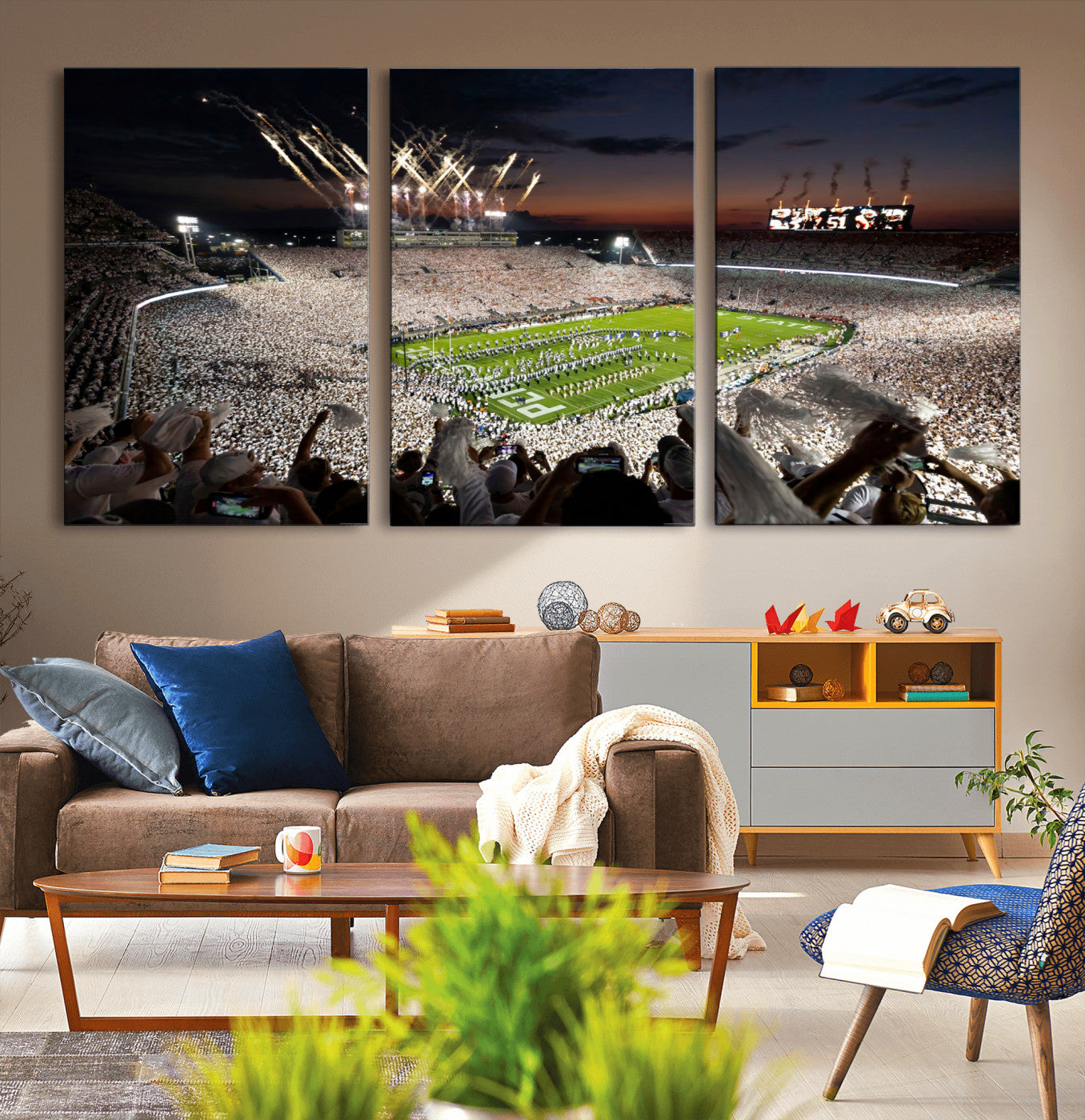 Penn-MGV-CV-36X24-Football Stadium Wall Art – Panoramic Night Game Canvas Print, Packed Crowd with Fireworks, Sports Decor for Office, Man Cave, Bar