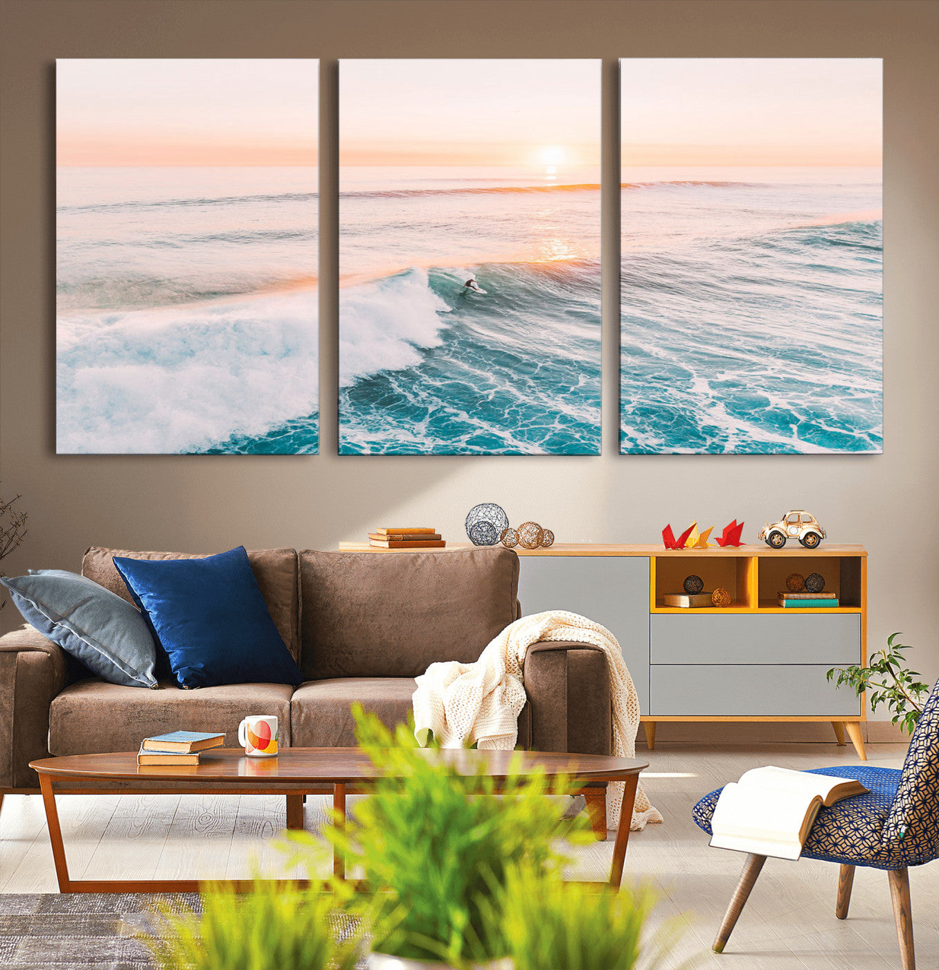 34064591-MGV-CV-36X24-Surfing Wall Art – Sunset Ocean Wave Canvas Print, Surfer Riding Sea Photography Decor for Bedroom, Living Room, Office, Coastal