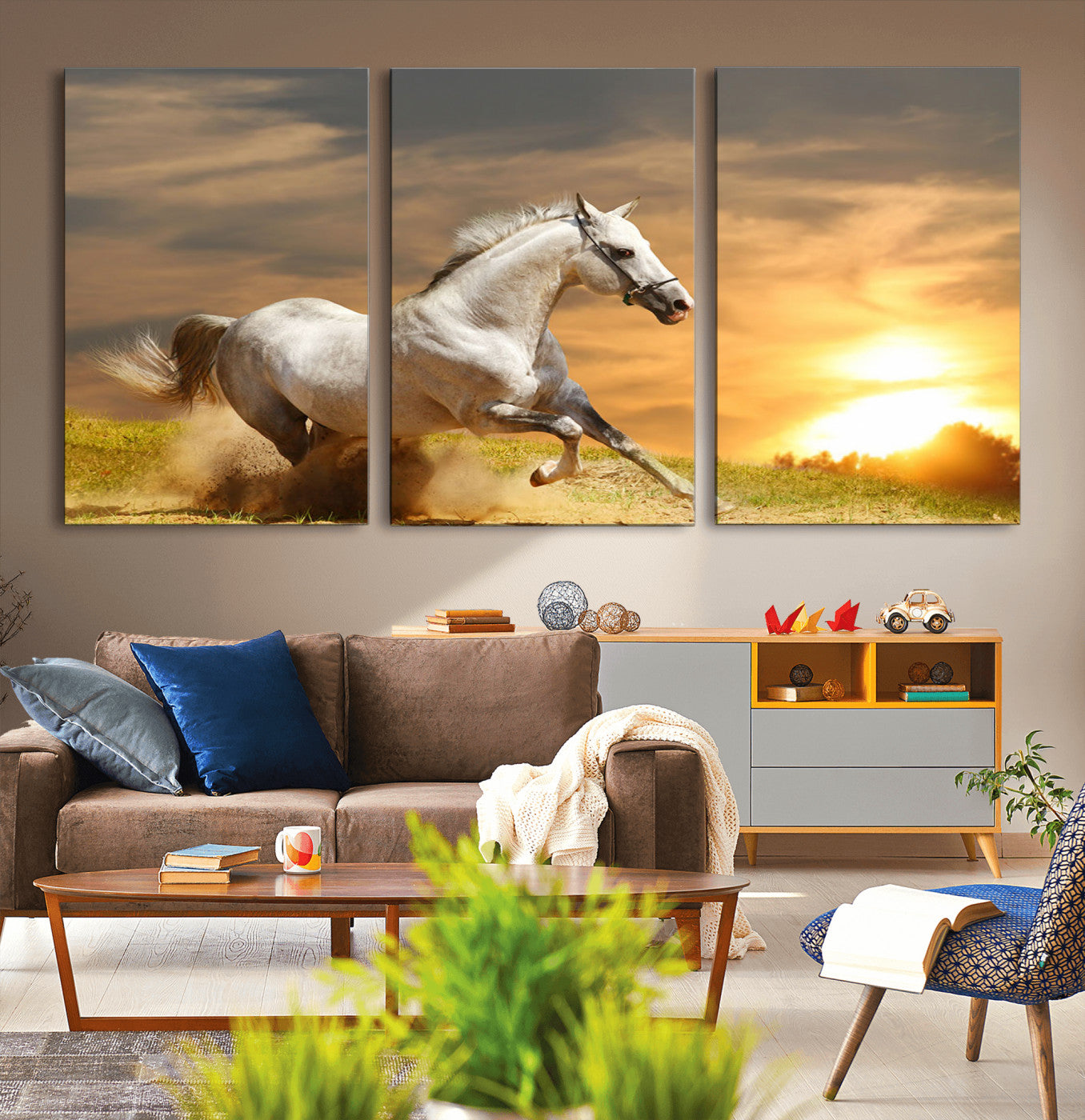 67478480-MGV-CV-36X24-White Horse Running at Sunset Wall Art – Majestic Equestrian Photography Print, Rustic Farmhouse Decor, Golden Sky Horse Lover