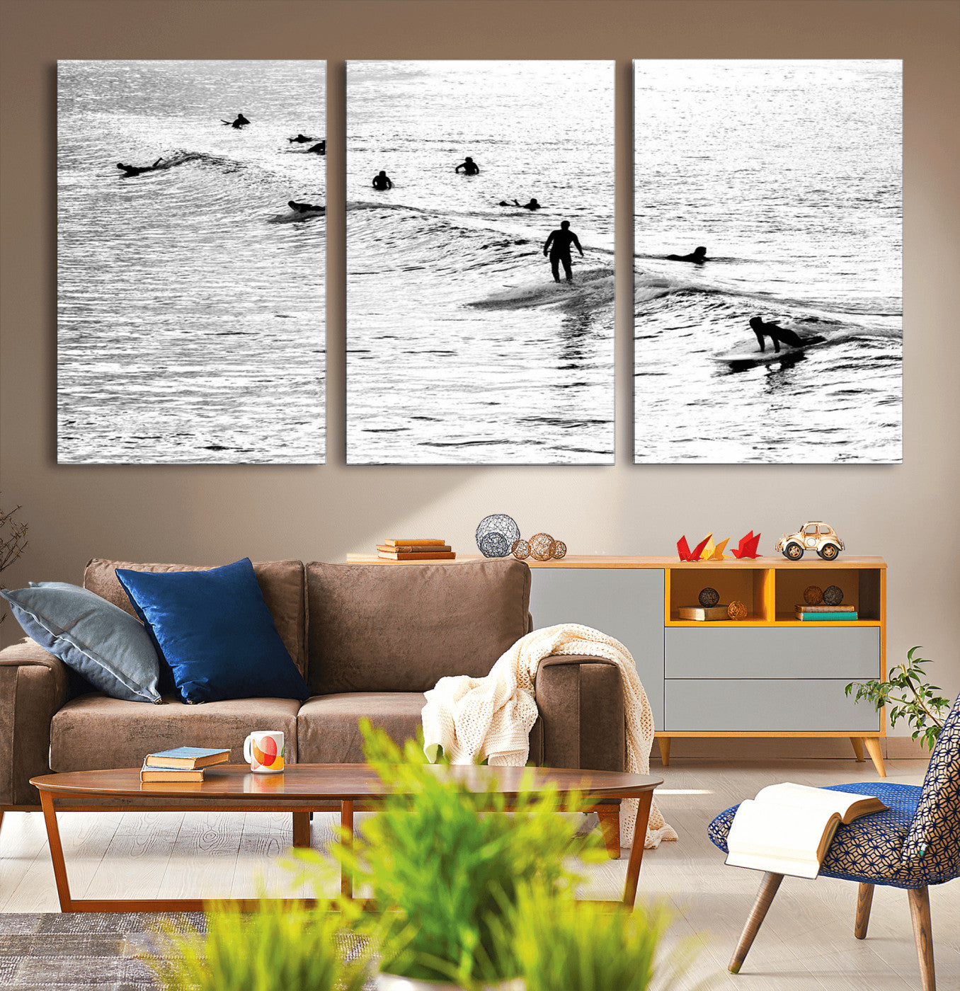 68018616-MGV-CV-36X24-Black and White Surf Photography Print – Minimalist Ocean Wall Art, Surfers Riding Waves, Coastal Beach Decor for Modern Home or