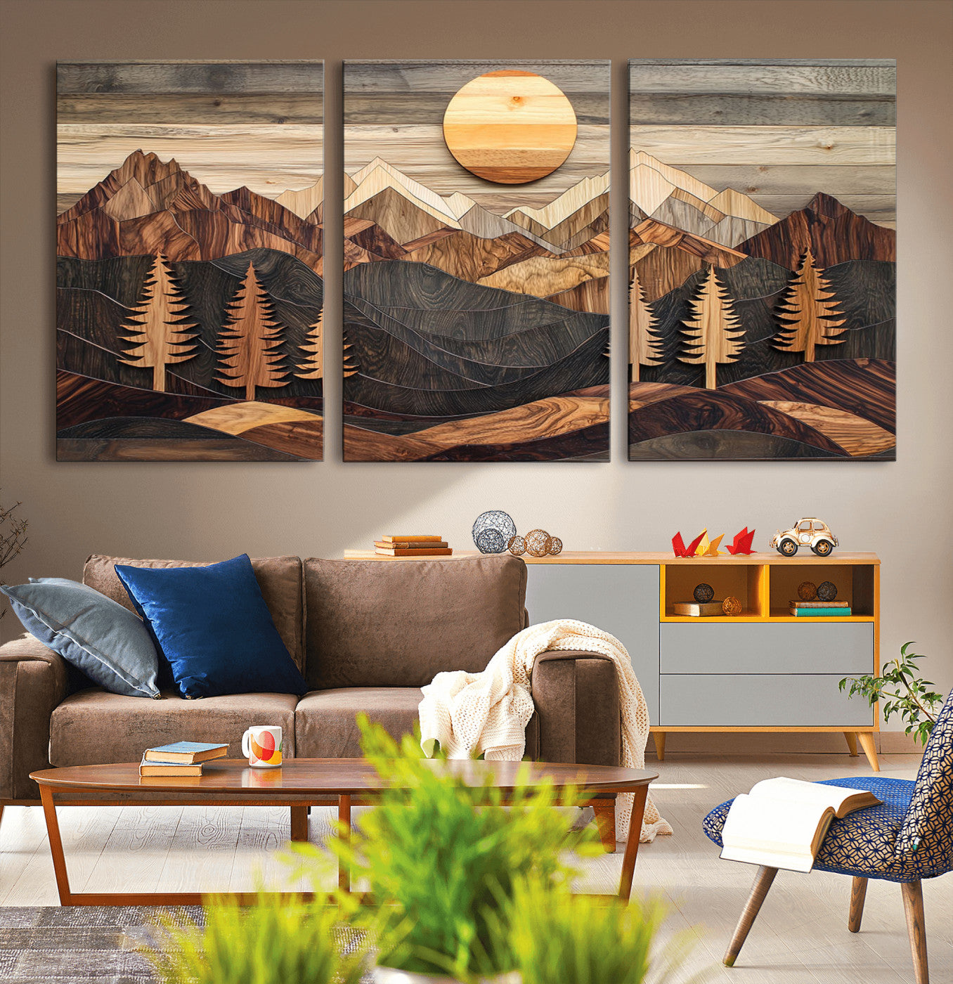90044381-MGV-CV-36X24-Rustic Wall Art – Wooden Mountain Landscape with Sun and Pine Trees, Handcrafted Nature Canvas Style Decor for Bedroom, Living