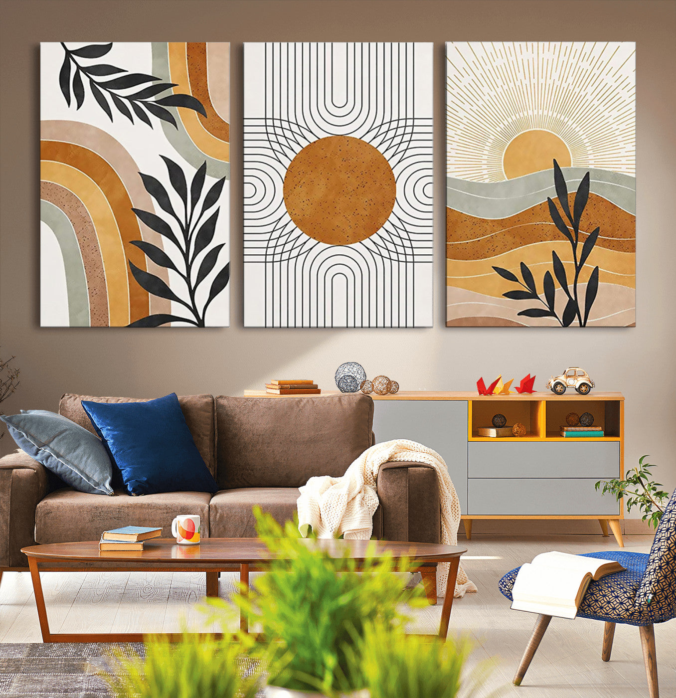 32359-MGV-CV-36X24-Modern Sun Wall Art Canvas Print, Framed Retro Horizon Art Picture Print, Sunburst Design Perfect Mid Century Boho Decor Artwork